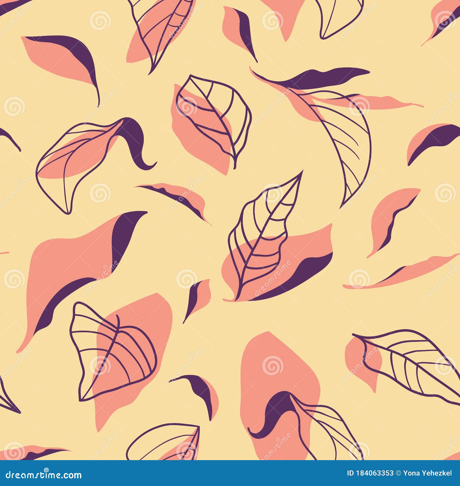 lemon tree leaves in deep purple and coral colors. seamless pattern on light noughat background.