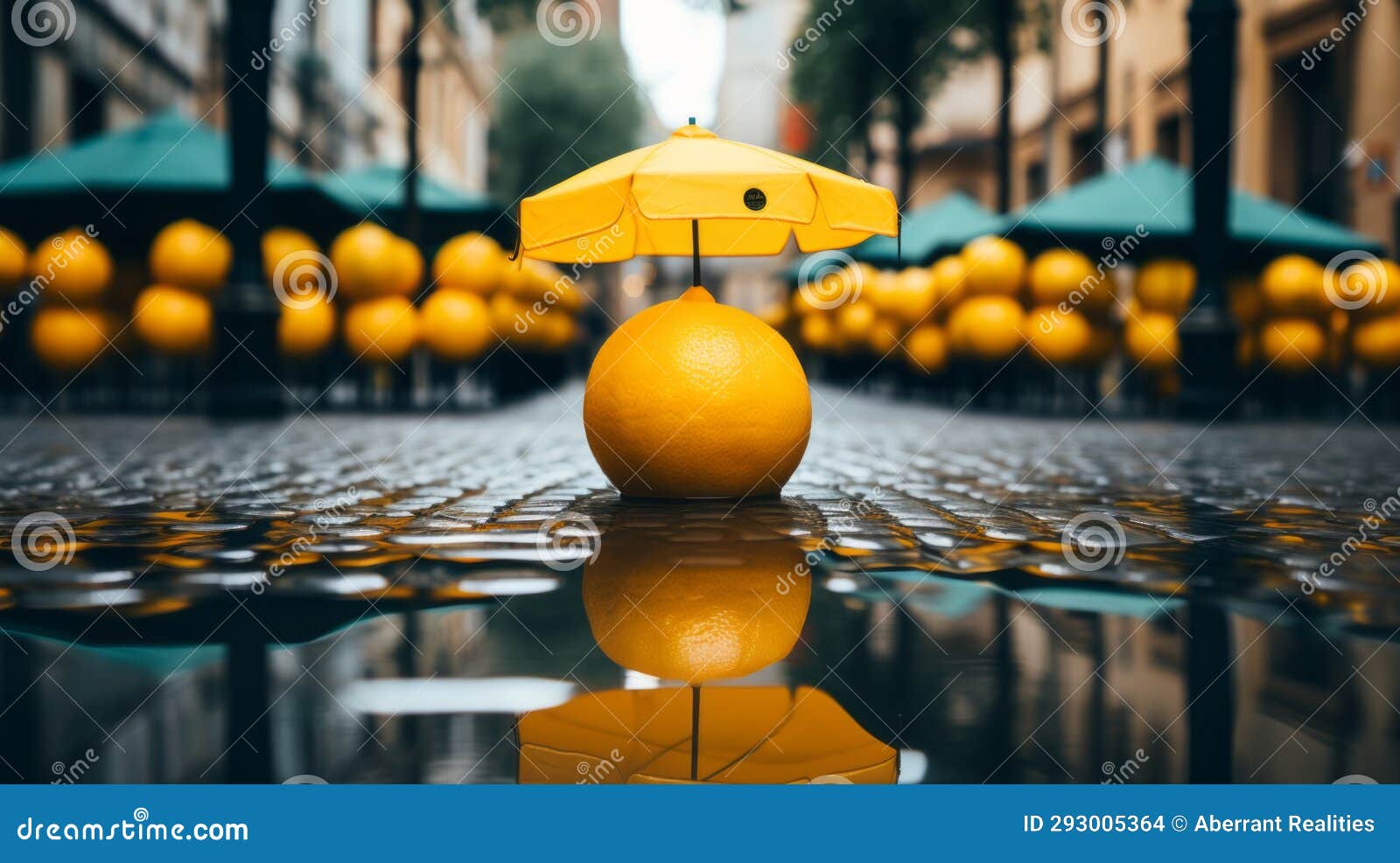 A Lemon with an Umbrella is Reflected in a Puddle Stock Illustration