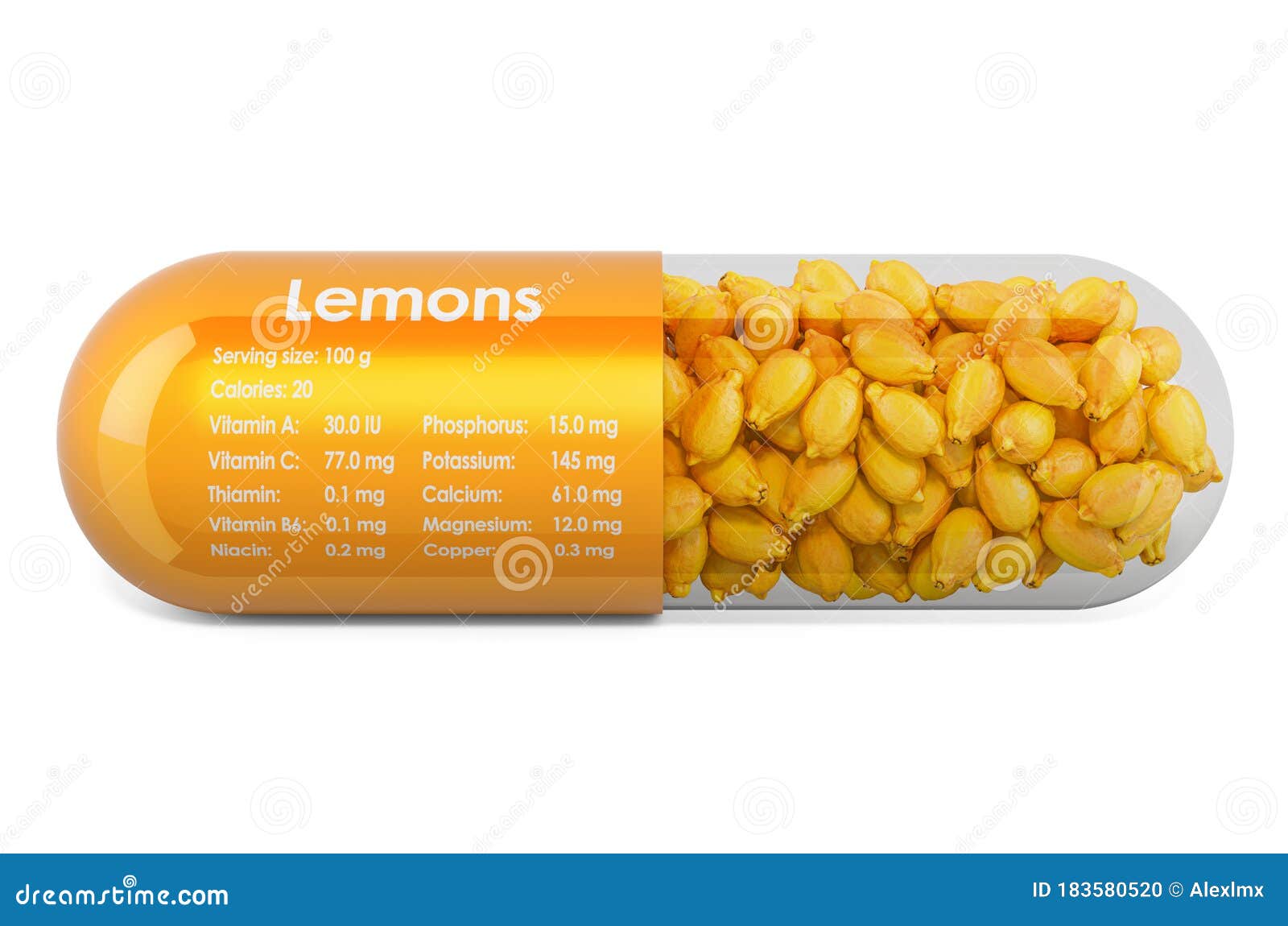 Lemon, Vitamins and Minerals Composition in Lemons. 3D Rendering Stock