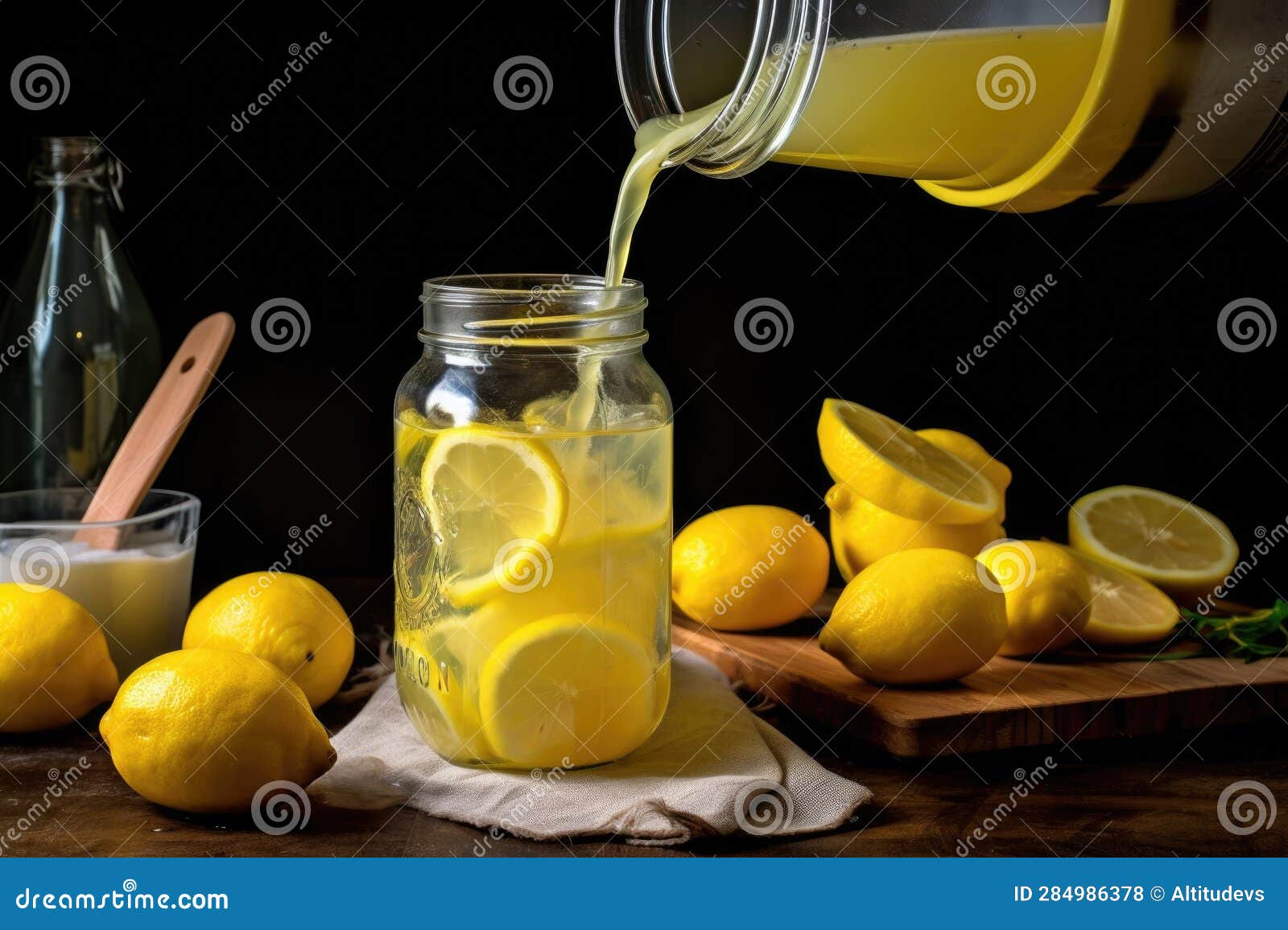 Lemonade Pouring into Mason Jar from Glass Pitcher Stock Illustration