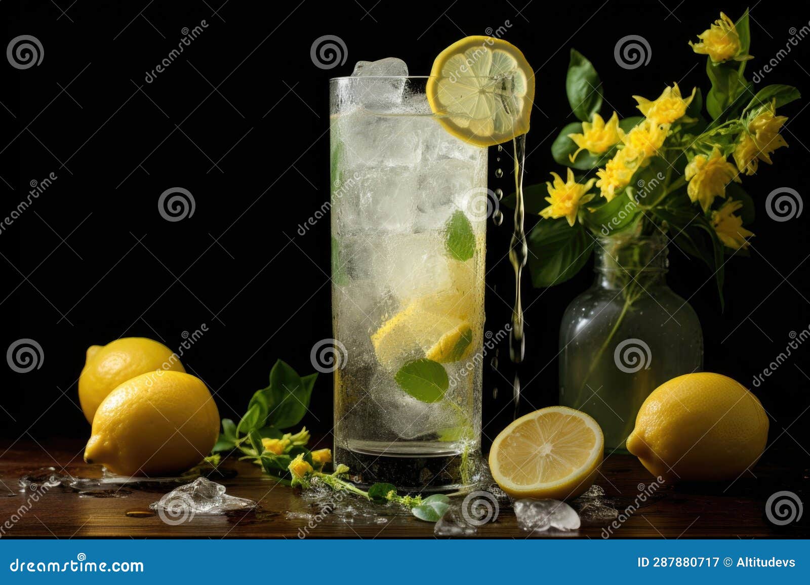 Lemonade Pouring into a Tall Glass with Ice Stock Image Image of
