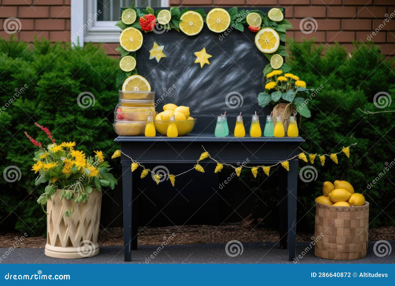 Lemonade Stand with Chalkboard Sign and Lemon Decorations Stock