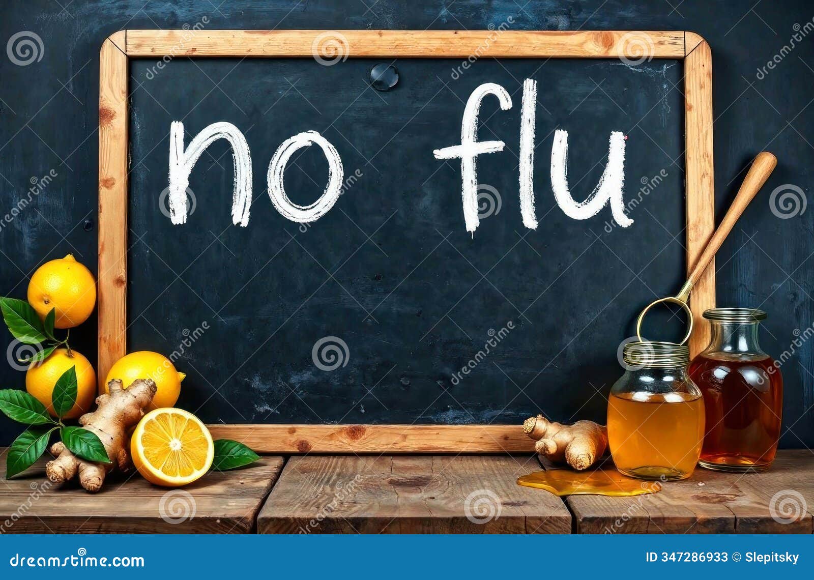 lemons, ginger, and honey are beside a chalkboard reading no flu in a calm setting