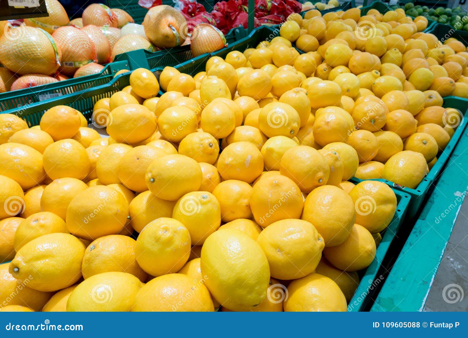 Lemons on the market. stock photo. Image of store, grocery 109605088