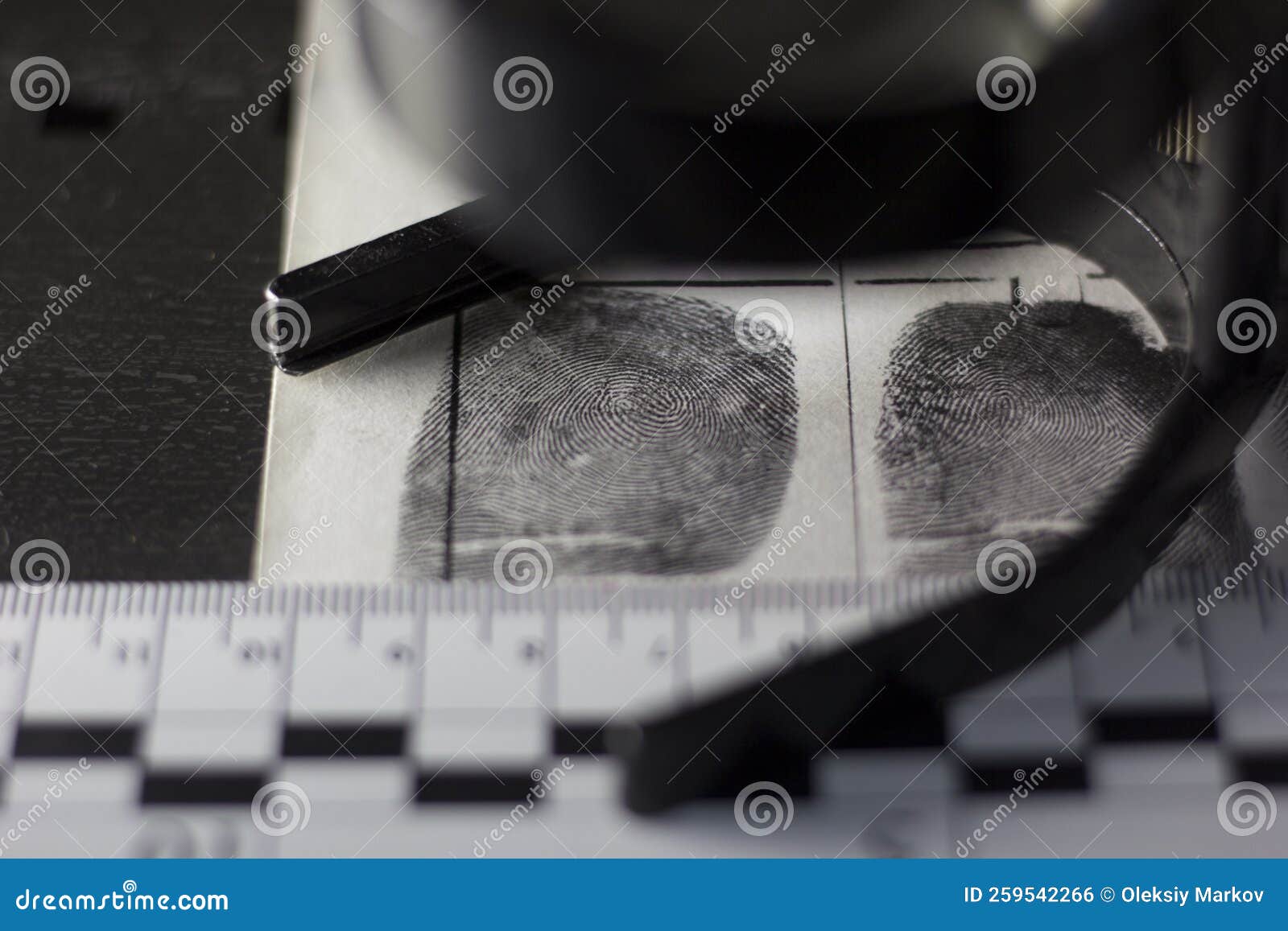 Lens, Fingerprints and Forensic Ruler on Fingerprint Card Stock Photo
