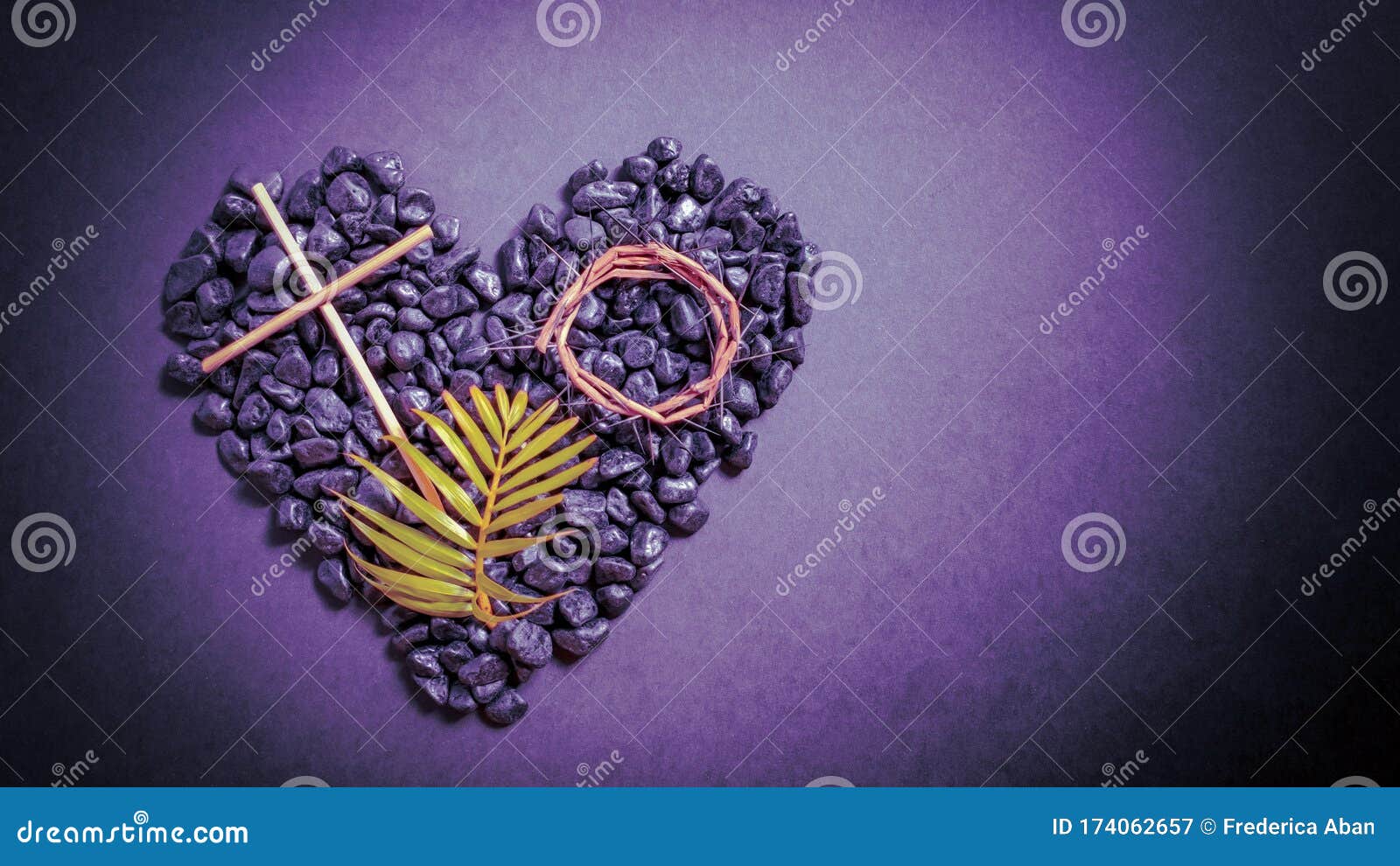 lent season,holy week and good friday  - image of wooden cross, crown of thorns and palm leave on stones in purple vintage