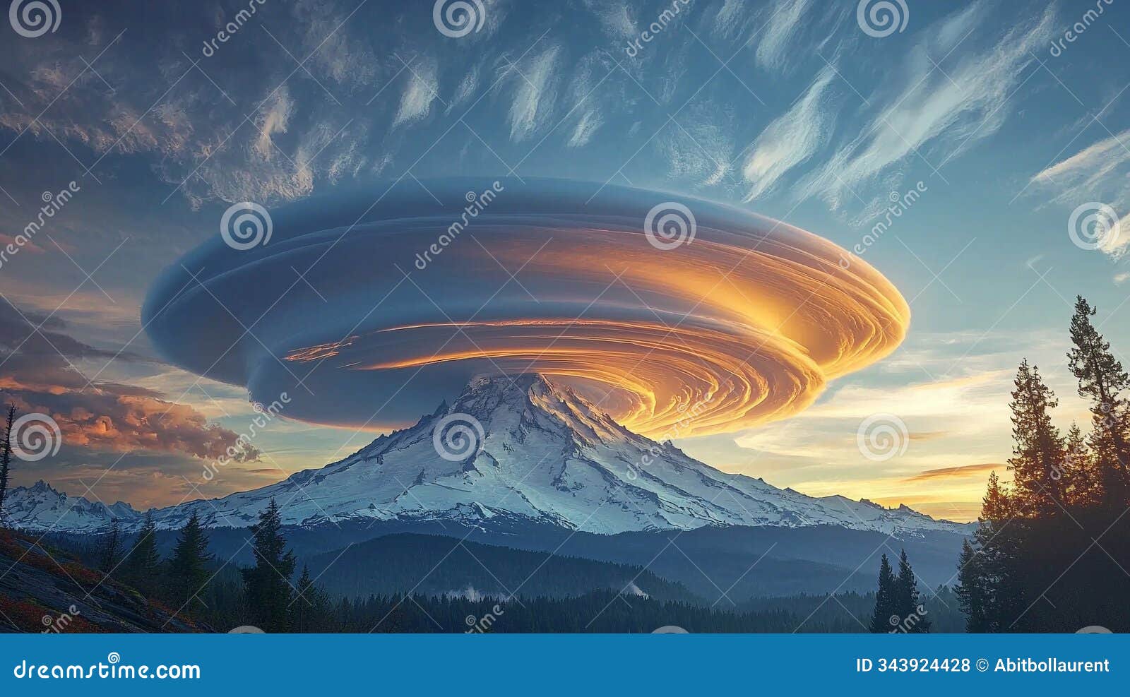 lenticular cloud above snowy mountain, clear sky, grassy field with tree and building