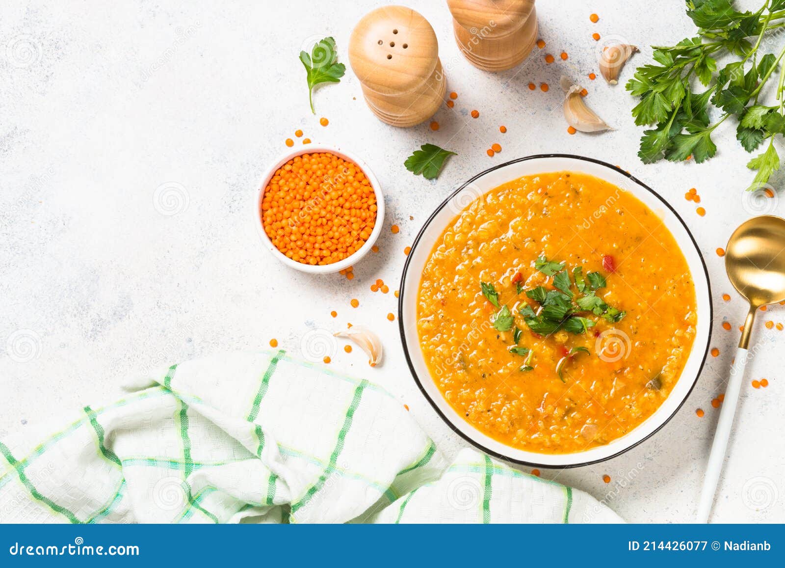 Lentil Soup with Vegetables at White Stone Table. Stock Image - Image ...
