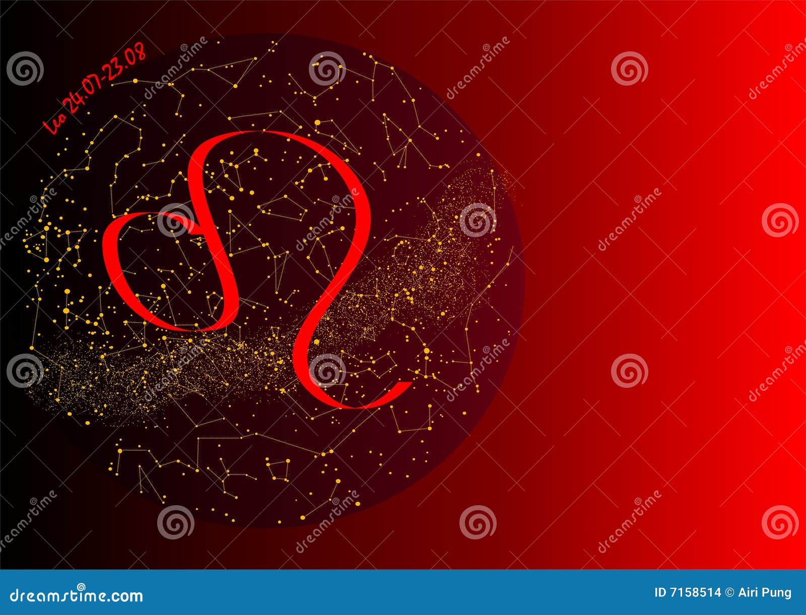 Ilustración de Leo del zodiaco en el atlas rojo del cielo (hemisferio meridional) con las estrellas amarillas, manera lechosa y los zodiacos.