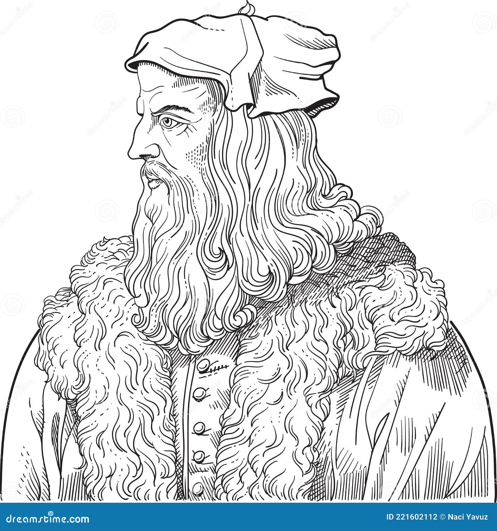Leonardo Da Vinci Line Art Portrait. Vector Stock Vector Illustration