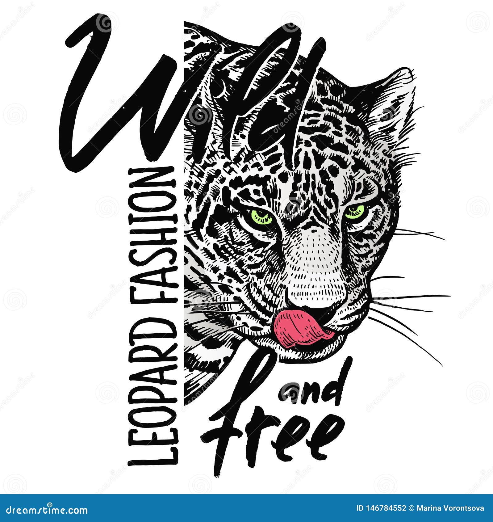 Leopard Close-up and Inscription `Wild and Free`. Vector Poster. Stock ...