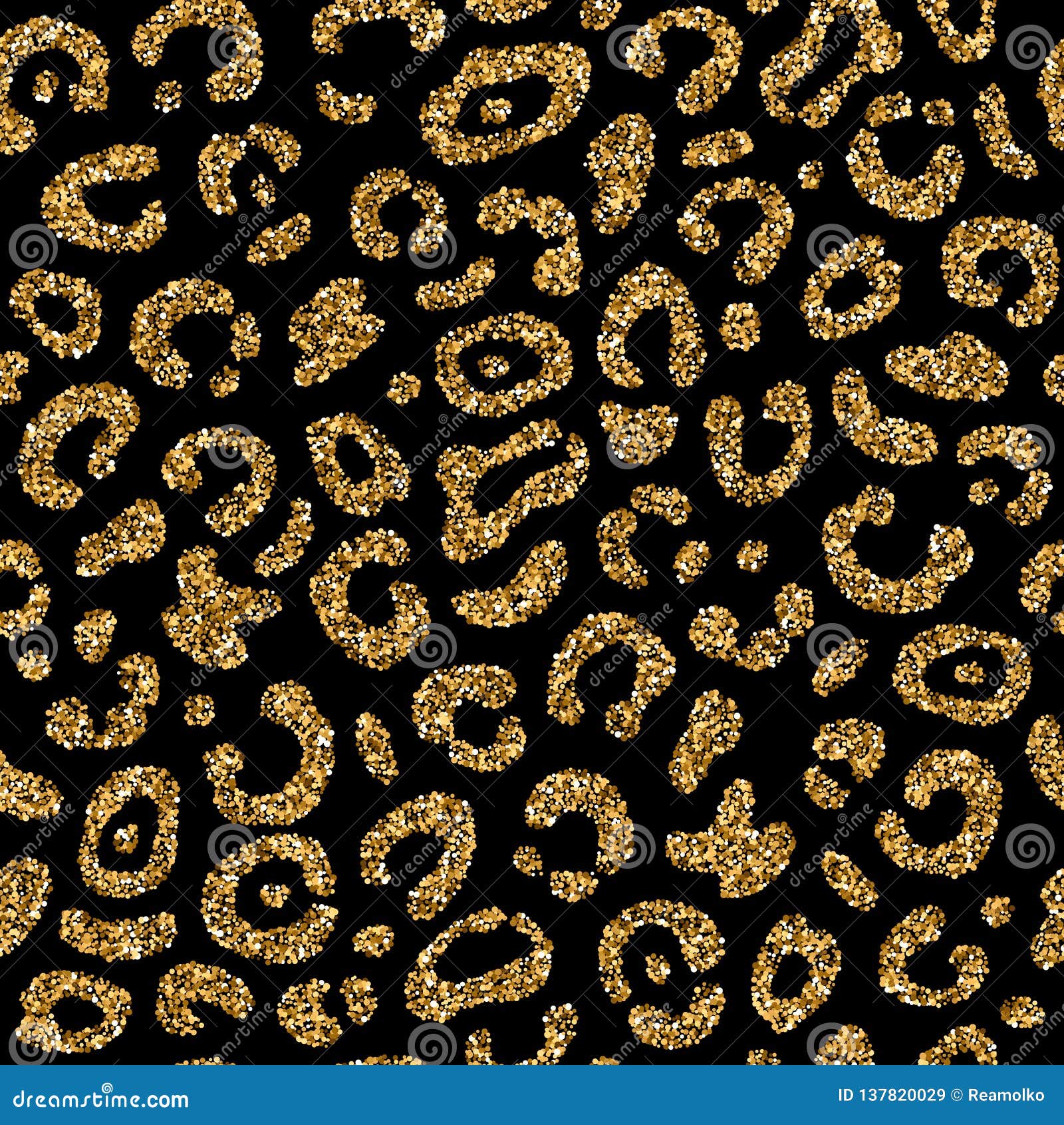 Leopard fur vector print - trendy black and golden glitter background. 