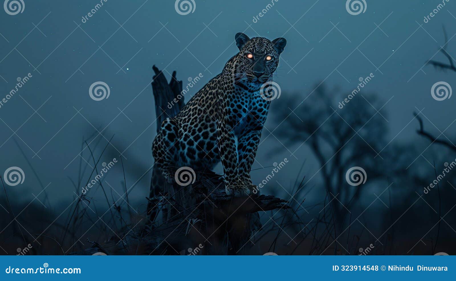leopard with glowing eyes perched