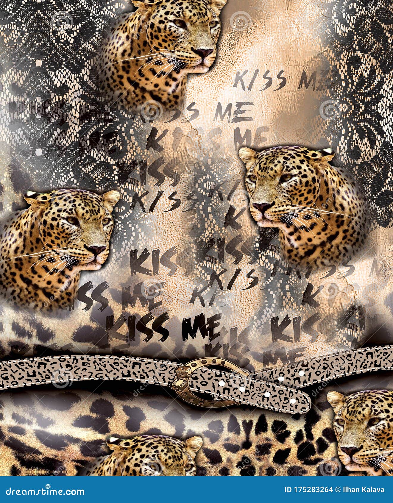 Leopard Head Print for Fashion. Animal Texture with Black Lace ...
