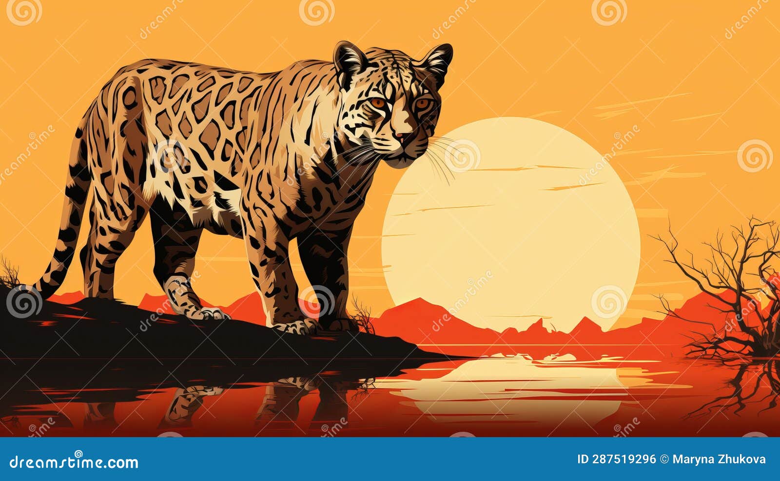 leopard hunts against the background of the sun, minimalistic banner  with copy space