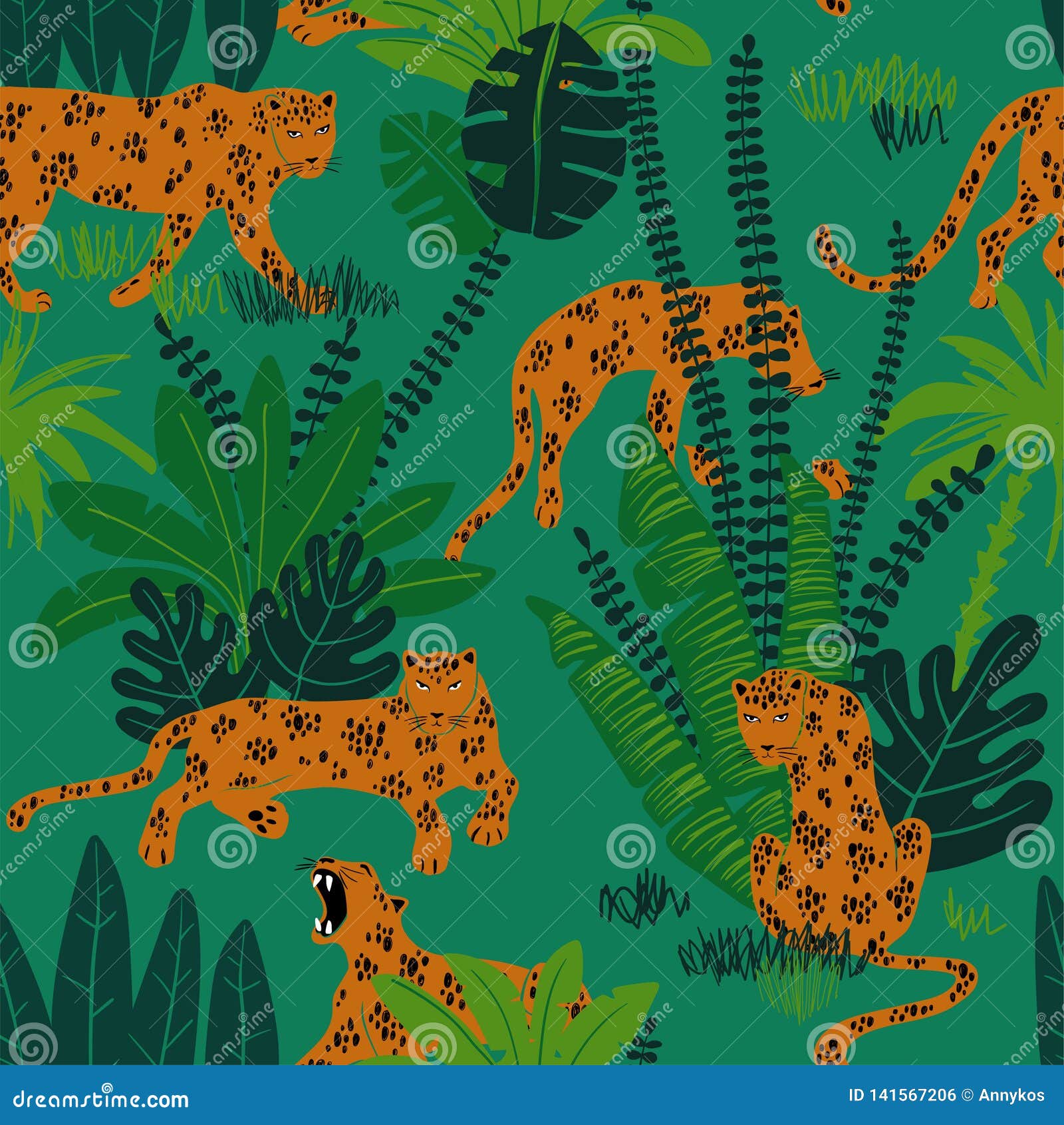 Leopard in Jungle Seamless Pattern Stock Vector - Illustration of ...