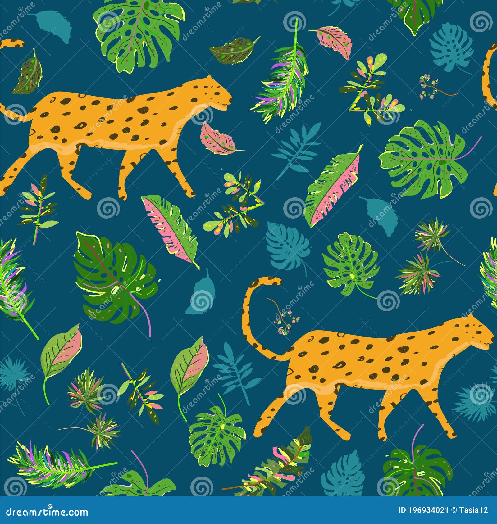 Leopard Tropical Seamless Pattern with Leaves and Flowers. Vector ...