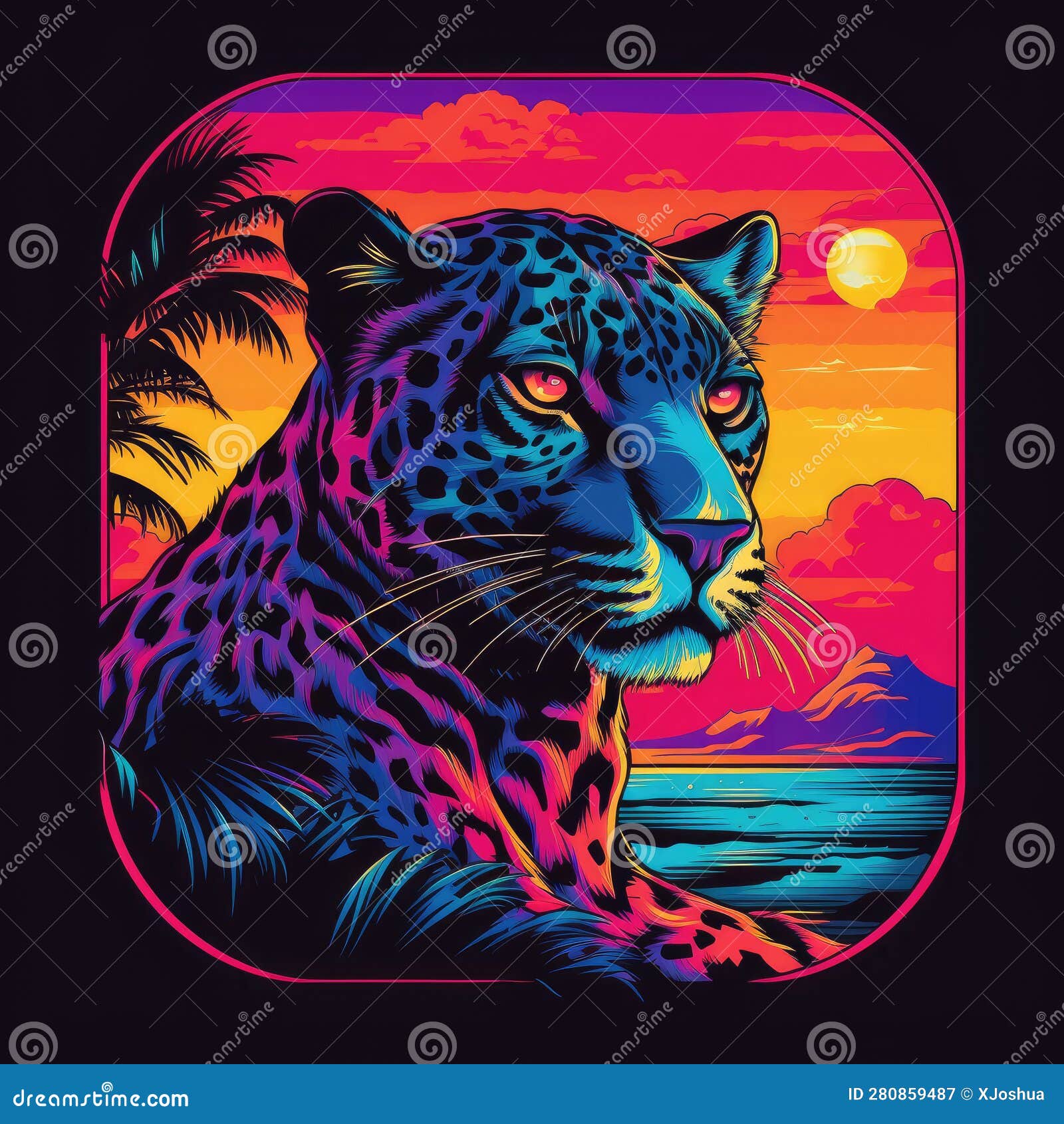 Leopard in Neon Colors Against the Sunset Scene with Vaporwave-inspired ...