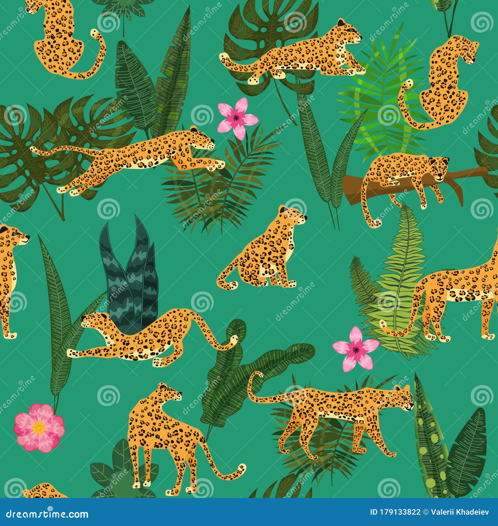 Leopards in Different Poses with Tropical Plants Leaves Flowers ...