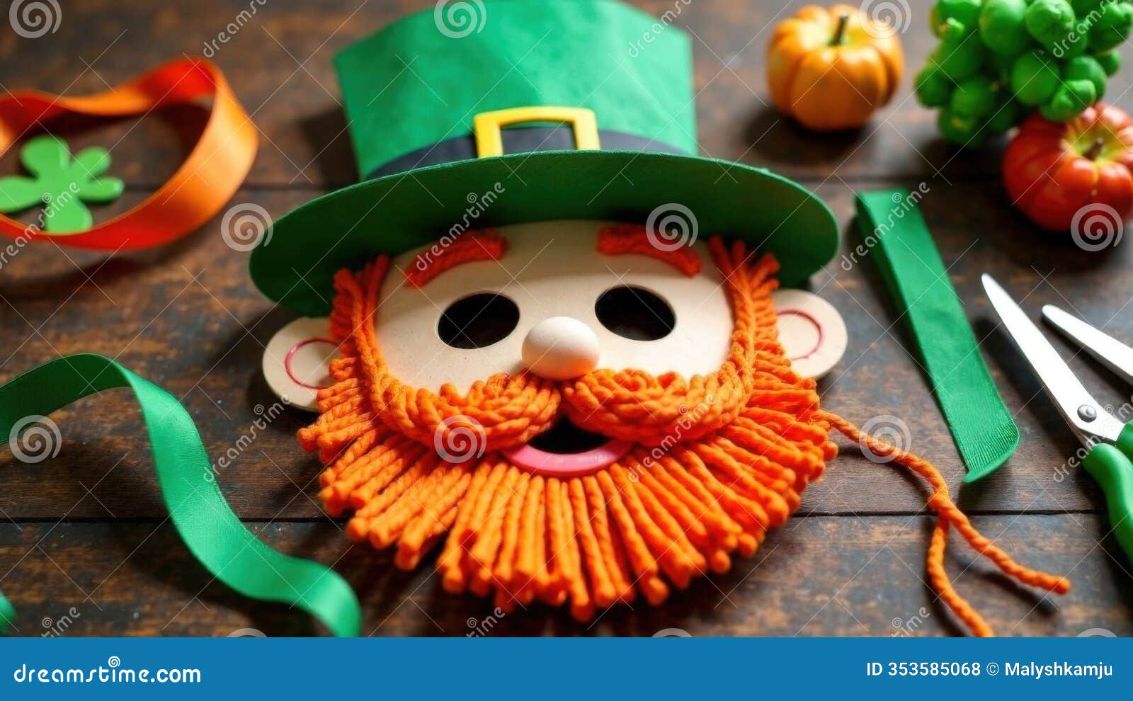 leprechaun mask for kids: paper hat and beard made of orange yarn. glue, scissors and bright ribbons on the table