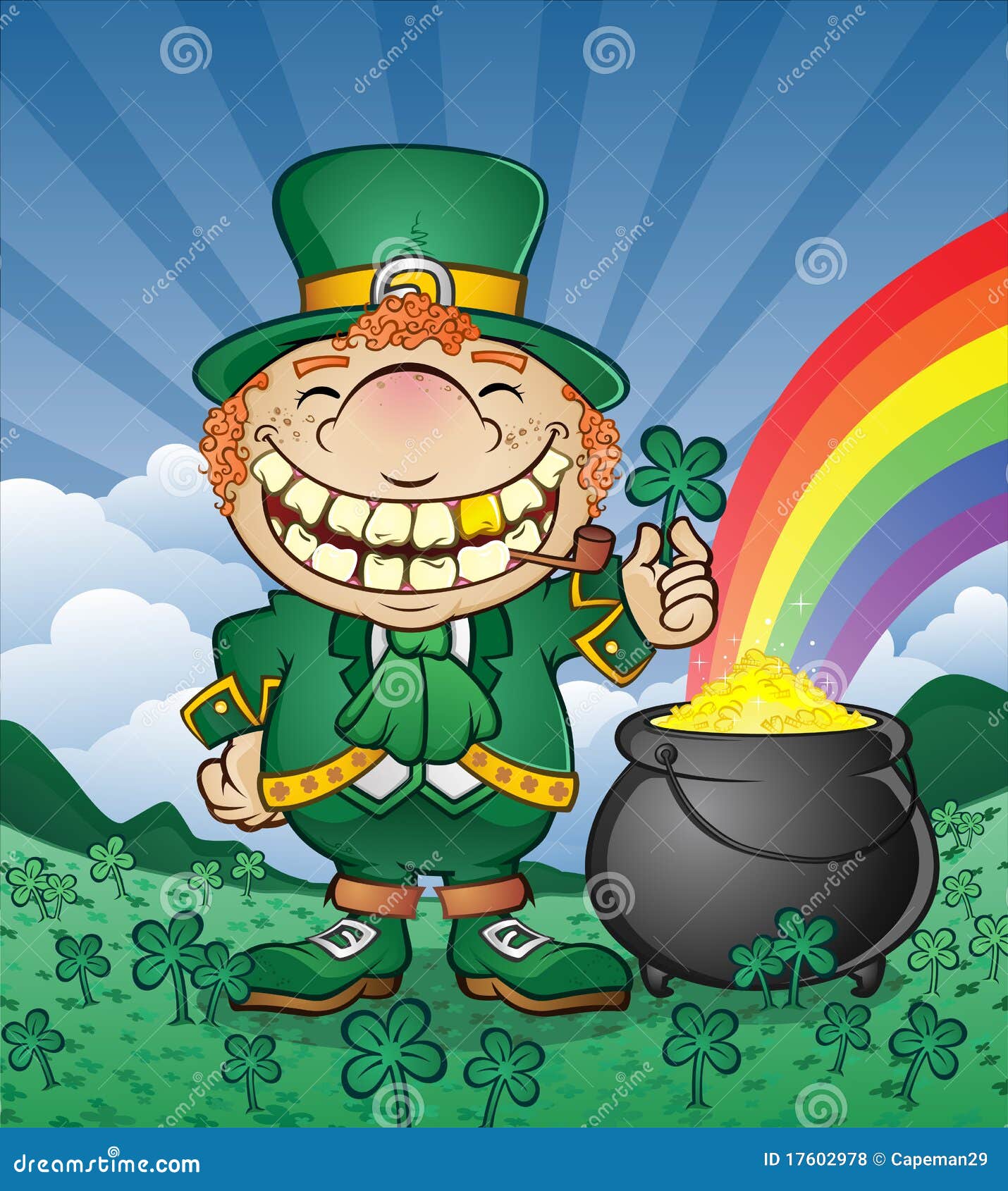 Groene achtergrond Klap Christchurch Leprechaun with Pot of Gold in Shamrock Patch Stock Vector - Illustration  of fields, leaf: 17602978