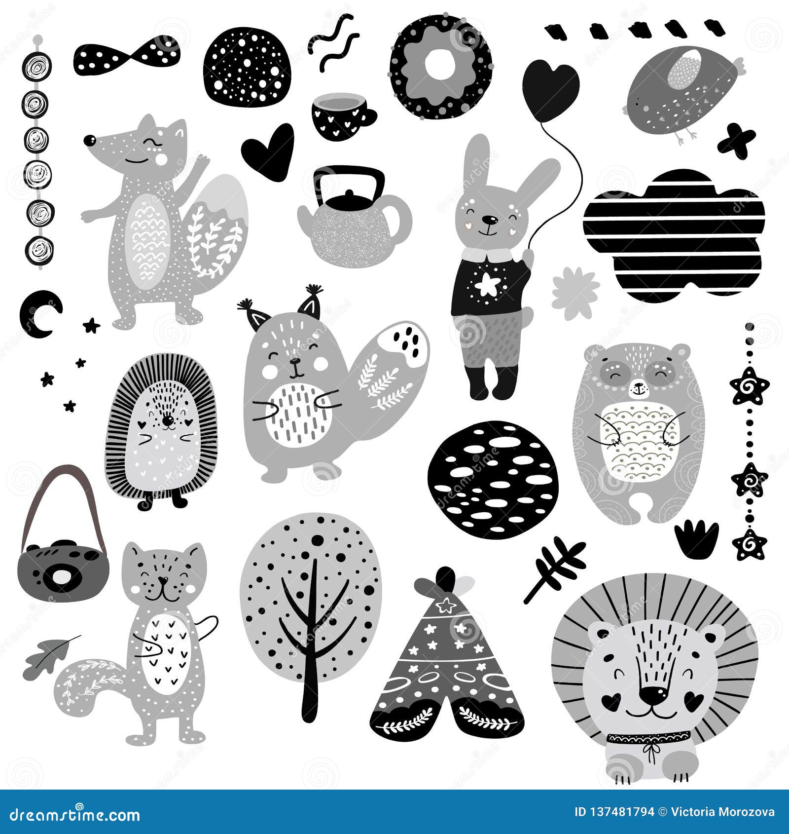 Les Elements Scandinaves De Griffonnages D Enfants Modelent L Ensemble Monochrome Noir Et Blanc Animaux Tires Par La Main Sauvag Illustration Stock Illustration Du Lune Griffonnage