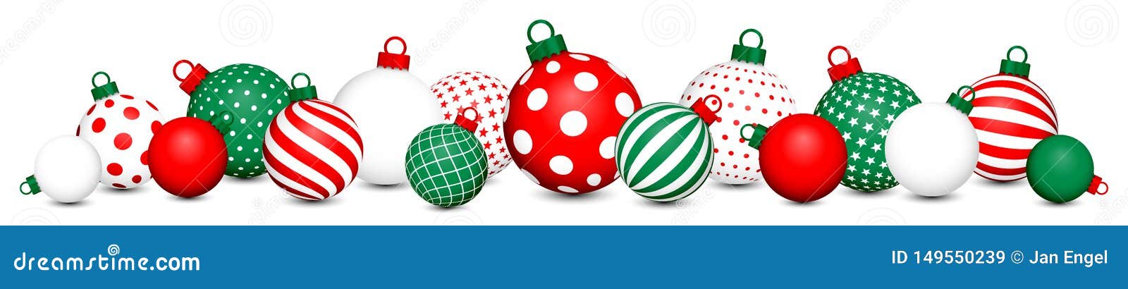 Les boules de Noël de bannière modèlent le blanc vert rouge. Bannière mince de seize boules de Noël avec le blanc vert rouge de modèle différent