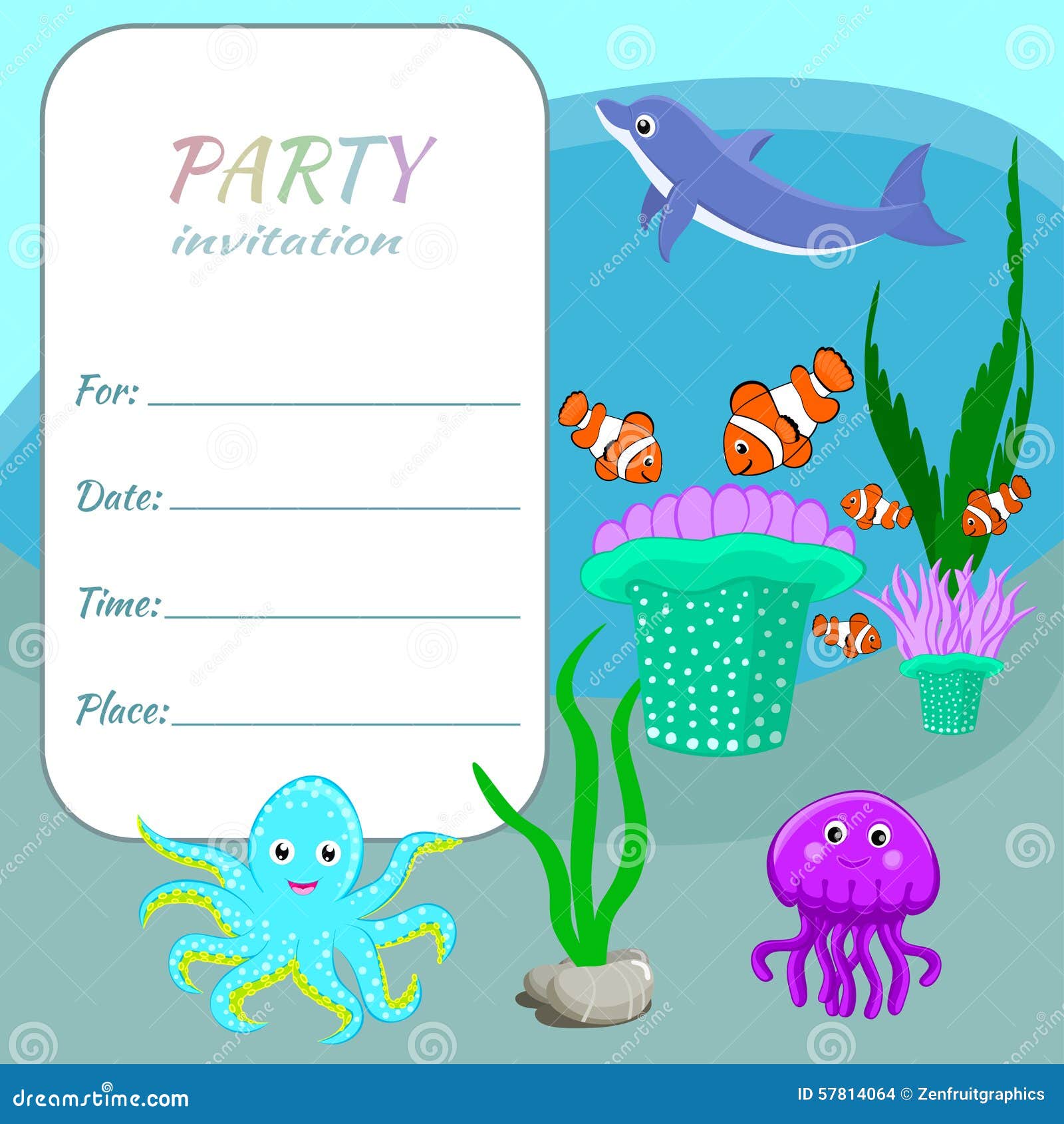 Les Enfants Font La Fete Les Animaux Les Poissons Et Les Plantes Colores De Mer De Calibre De Carte D Invitation Illustration De Vecteur Illustration Du Enfants Colores