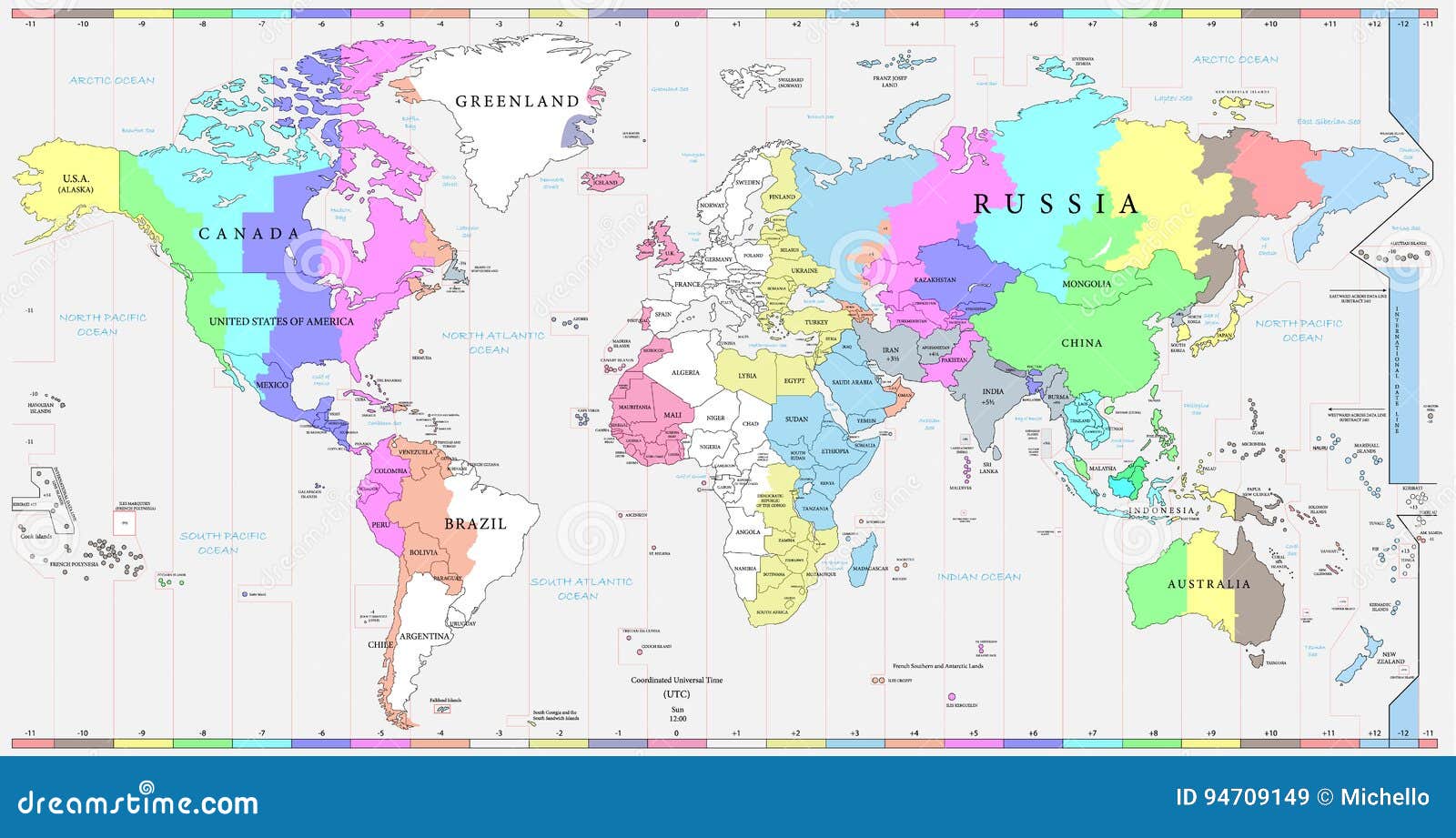 Les Fuseaux Horaires Du Monde Tracent Et Carte Politique Du