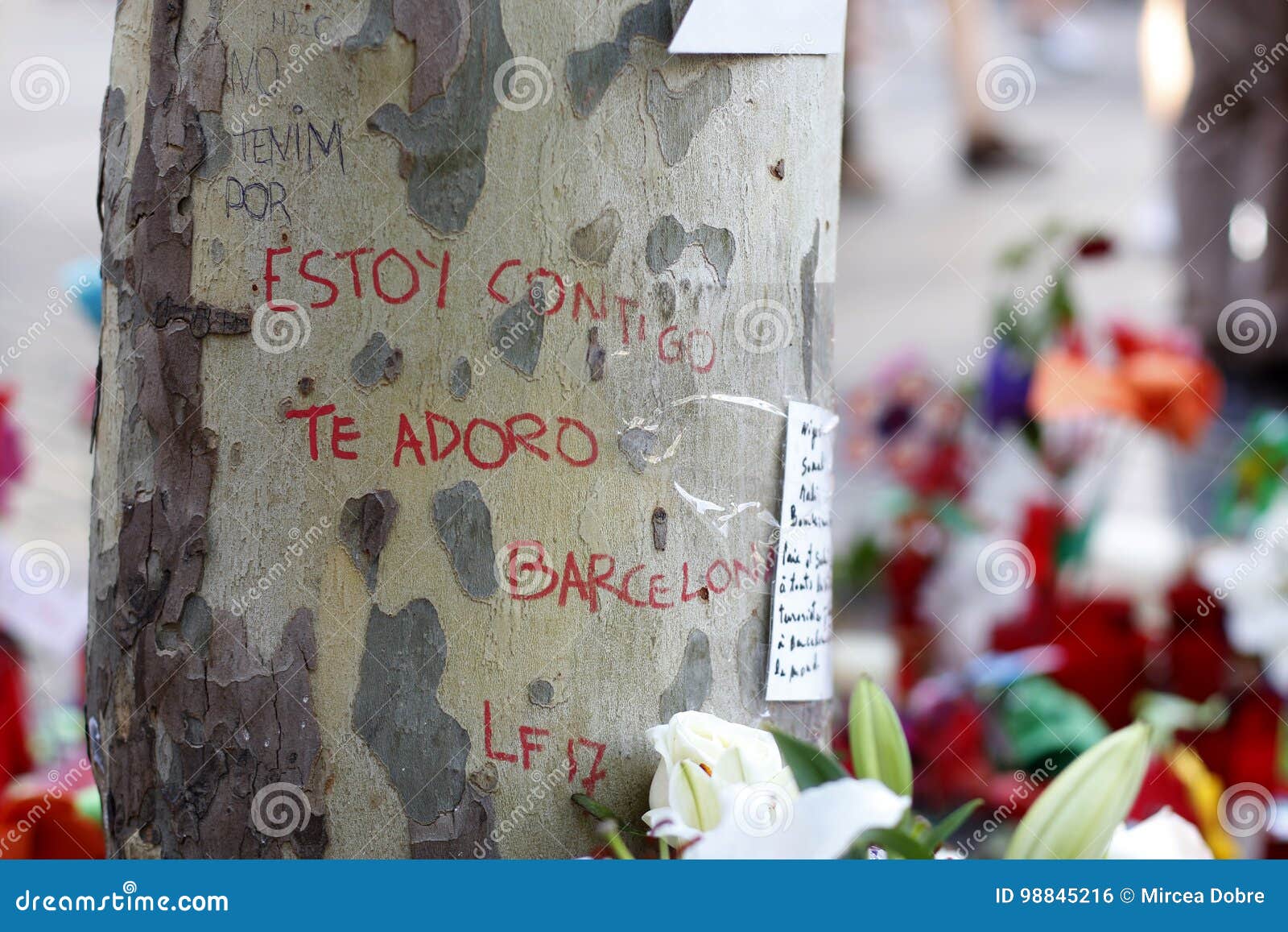 Les gens ont réuni sur le ` s Rambla de Barcelone après atack de terroriste. BARCELONA/SPAIN - 21 AOÛT 2017 : Les gens ont réuni sur le ` s Rambla de Barcelone, où le 17ème d'août 2017 a été une attaque terroriste, donnant l'hommage aux au moins 15 victimes mortelles et plus de 120 blessés