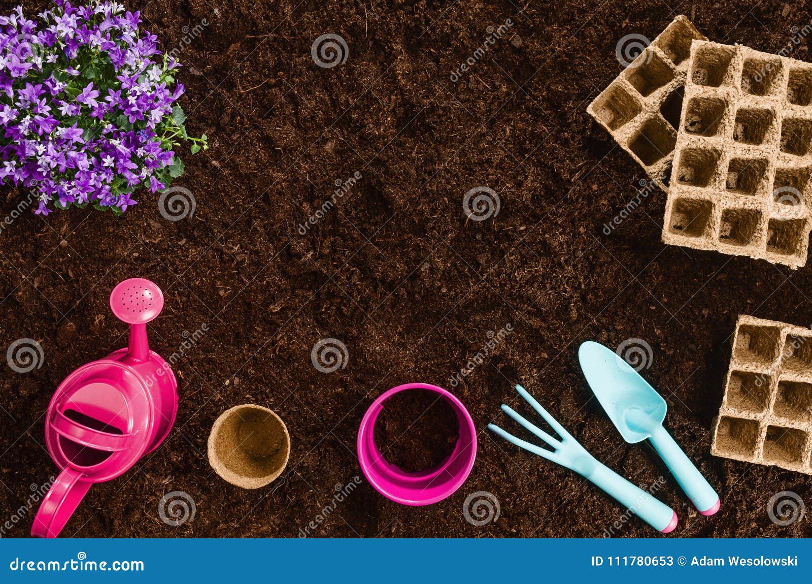 Les outils de jardinage sur le sol de jardin donnent à la vue une consistance rugueuse supérieure de fond. Les outils de jardinage sur le sol fertile donnent au fond une consistance rugueuse vu d'en haut, vue supérieure Faisant du jardinage ou plantant le concept Fonctionner au printemps le jardin