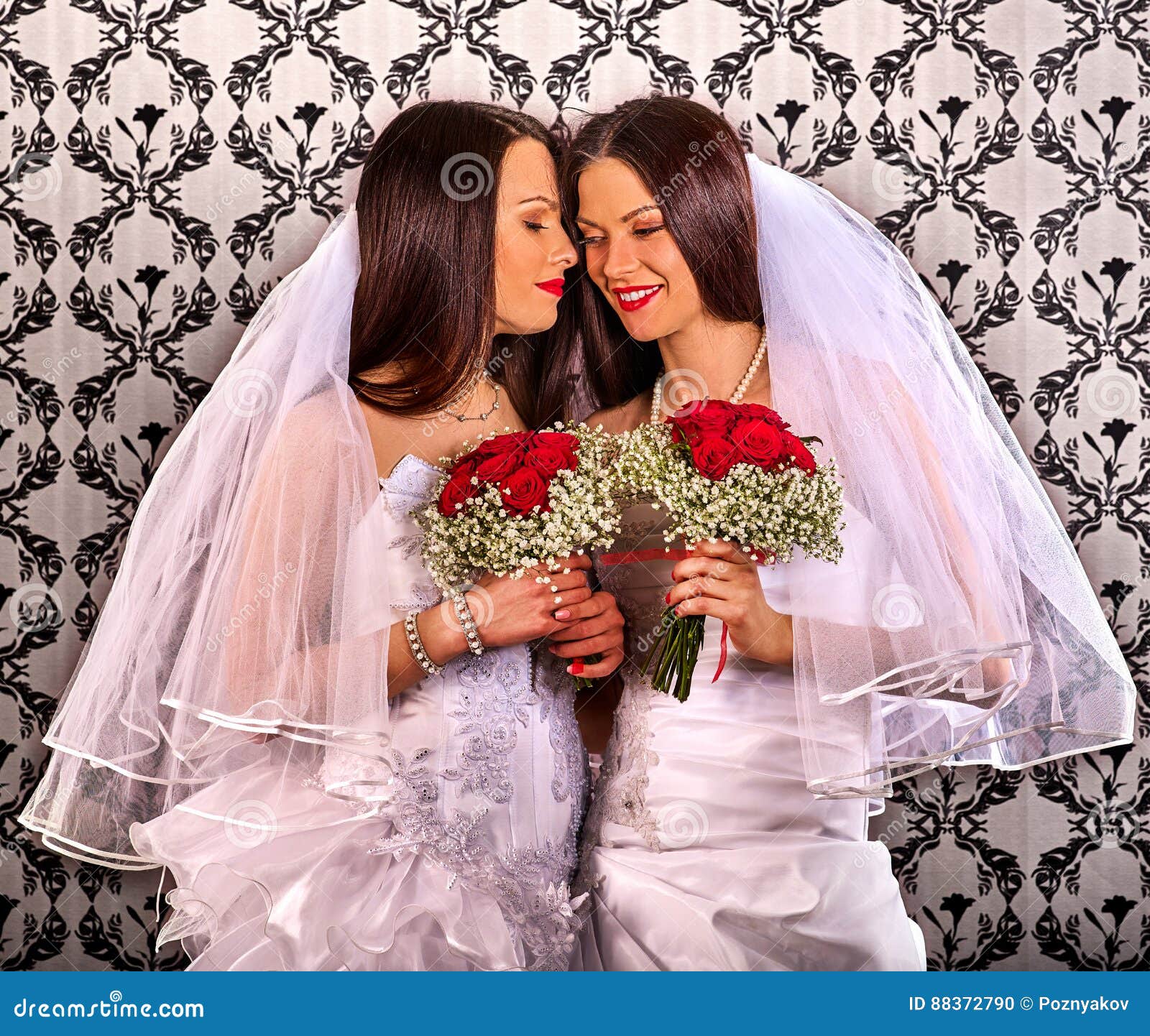 Lesbian Couples in Wedding Bridal Dress Kissing 