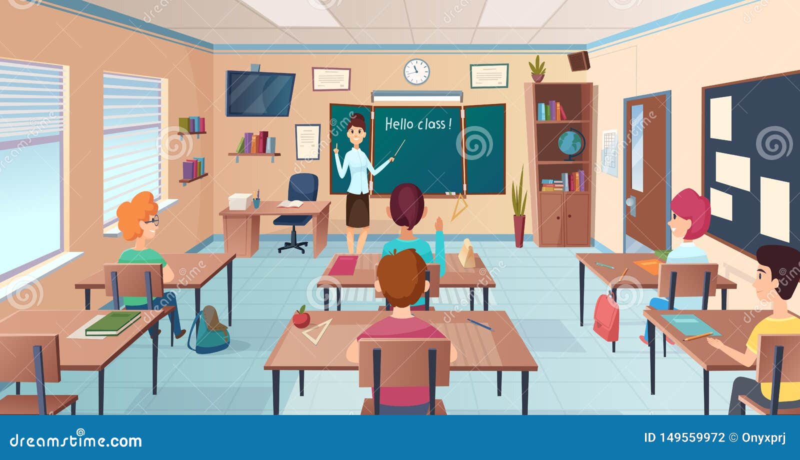 Cartoon Desks : Lesson In Classroom. Pupils At Desks And Teacher ...