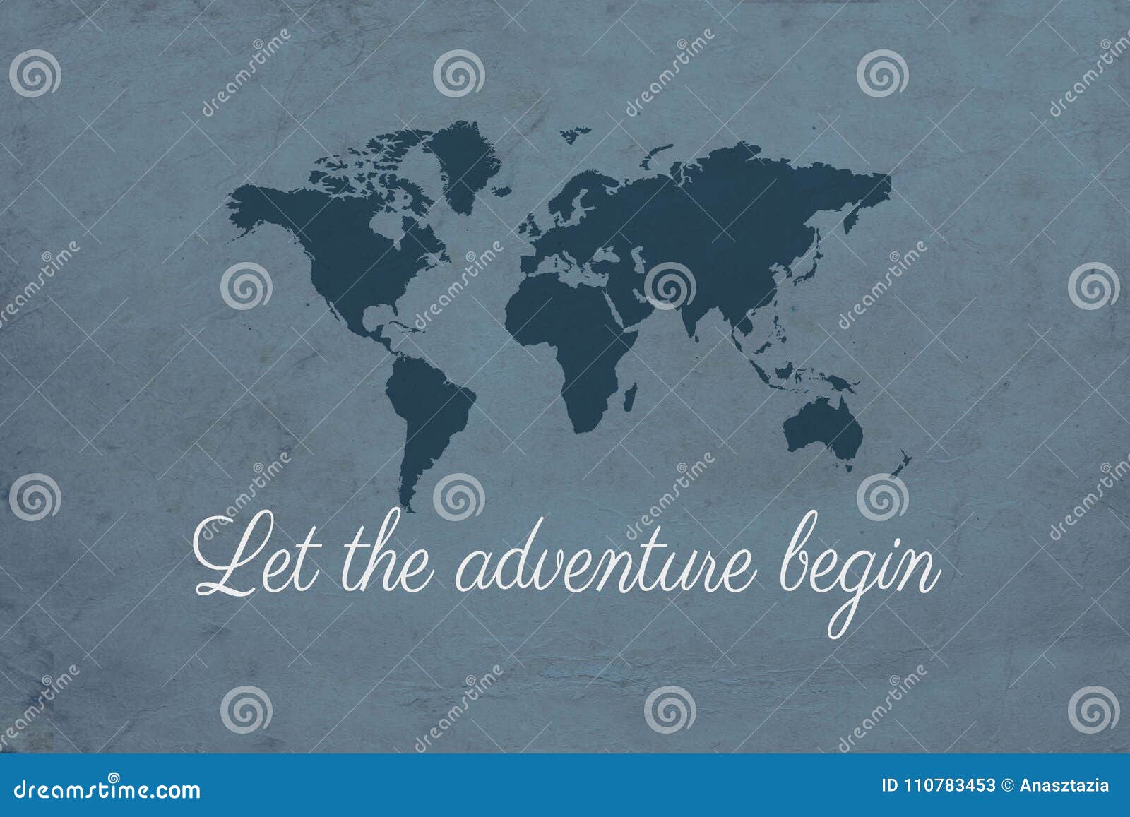 Let Adventure Begin Illustration Text Design World Map Decoration Grunge Blue Background 110783453 