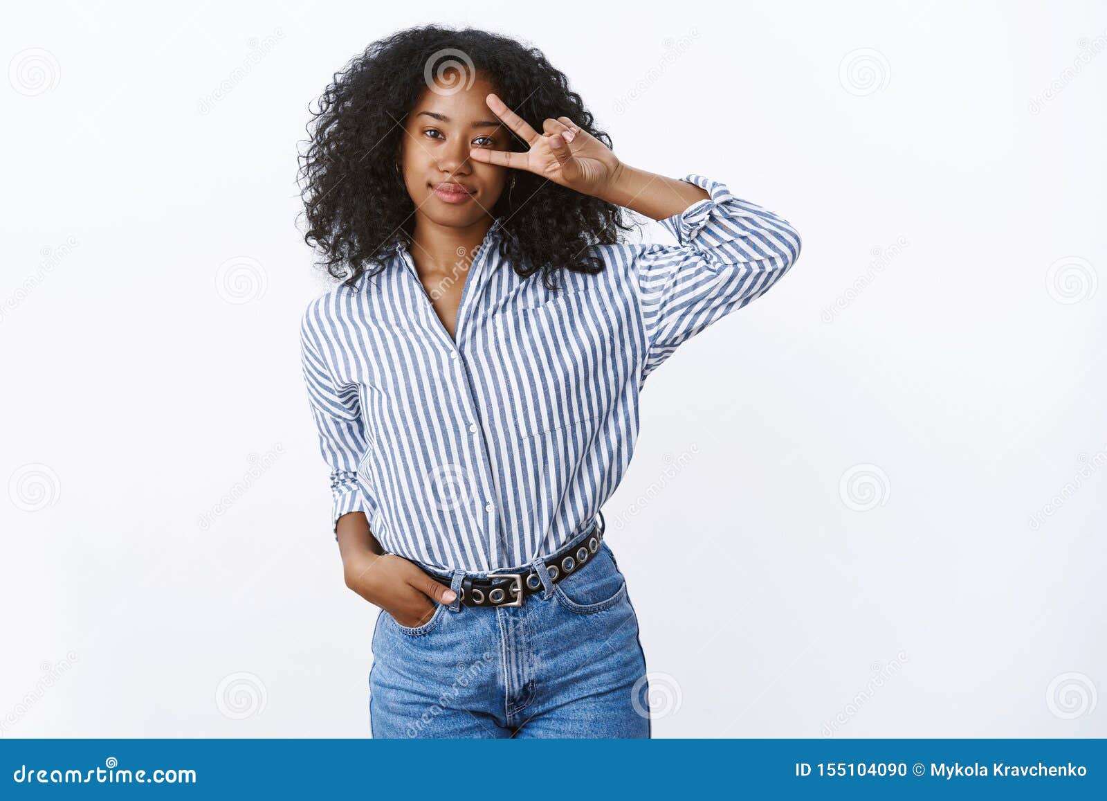 Let Rock Party. Portrait Confident Good-looking Stylish African American  Woman Curly Haircut Hold Hand Pocket Jeans Stock Photo - Image of casual,  hair: 155104090