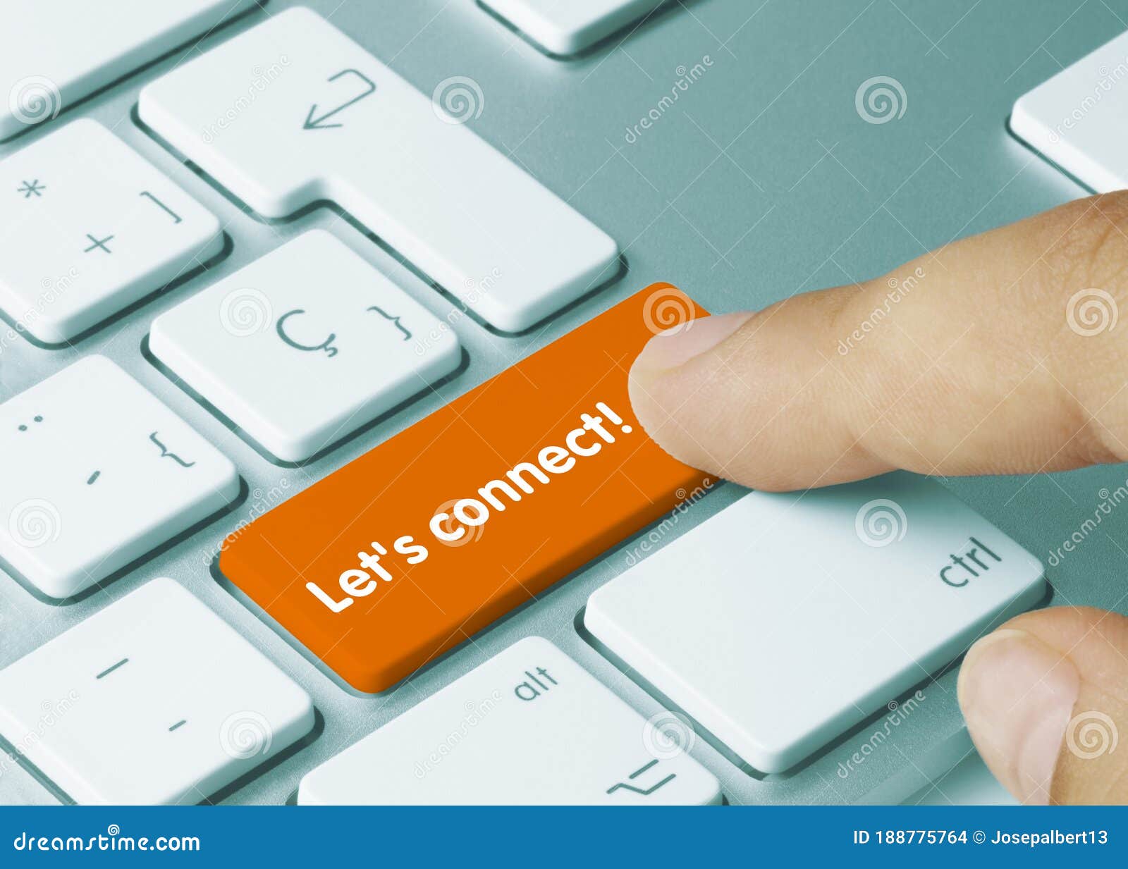let`s connect! - inscription on orange keyboard key
