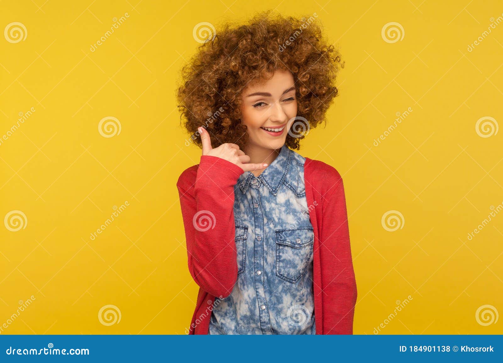 Let`s Contact by Phone! Portrait of Playful Woman with Fluffy Curly ...