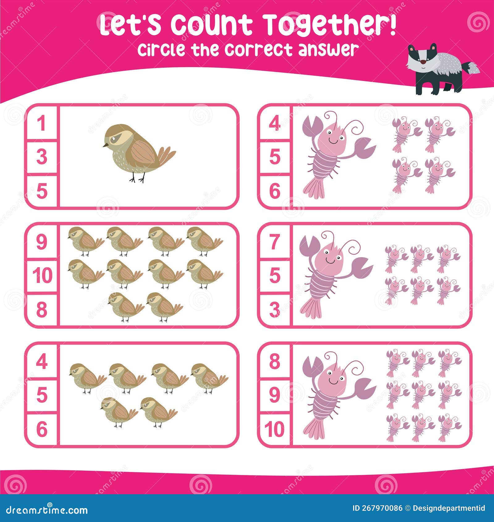 letâs counting the yabby and xenops together and circle the number on the worksheet. educational printable math worksheet