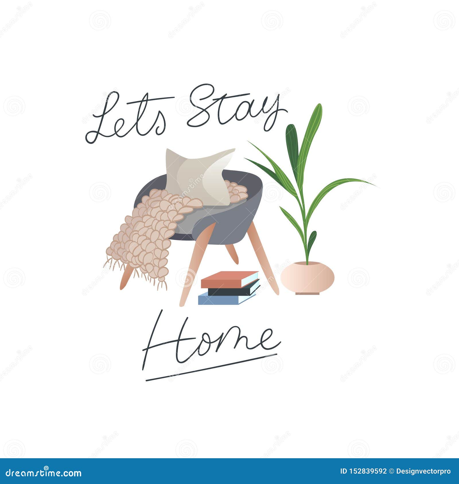 let`s stay home inspirational card in hygge style with books, tea or coffee mug, plant, armchair, pillow and blanket in