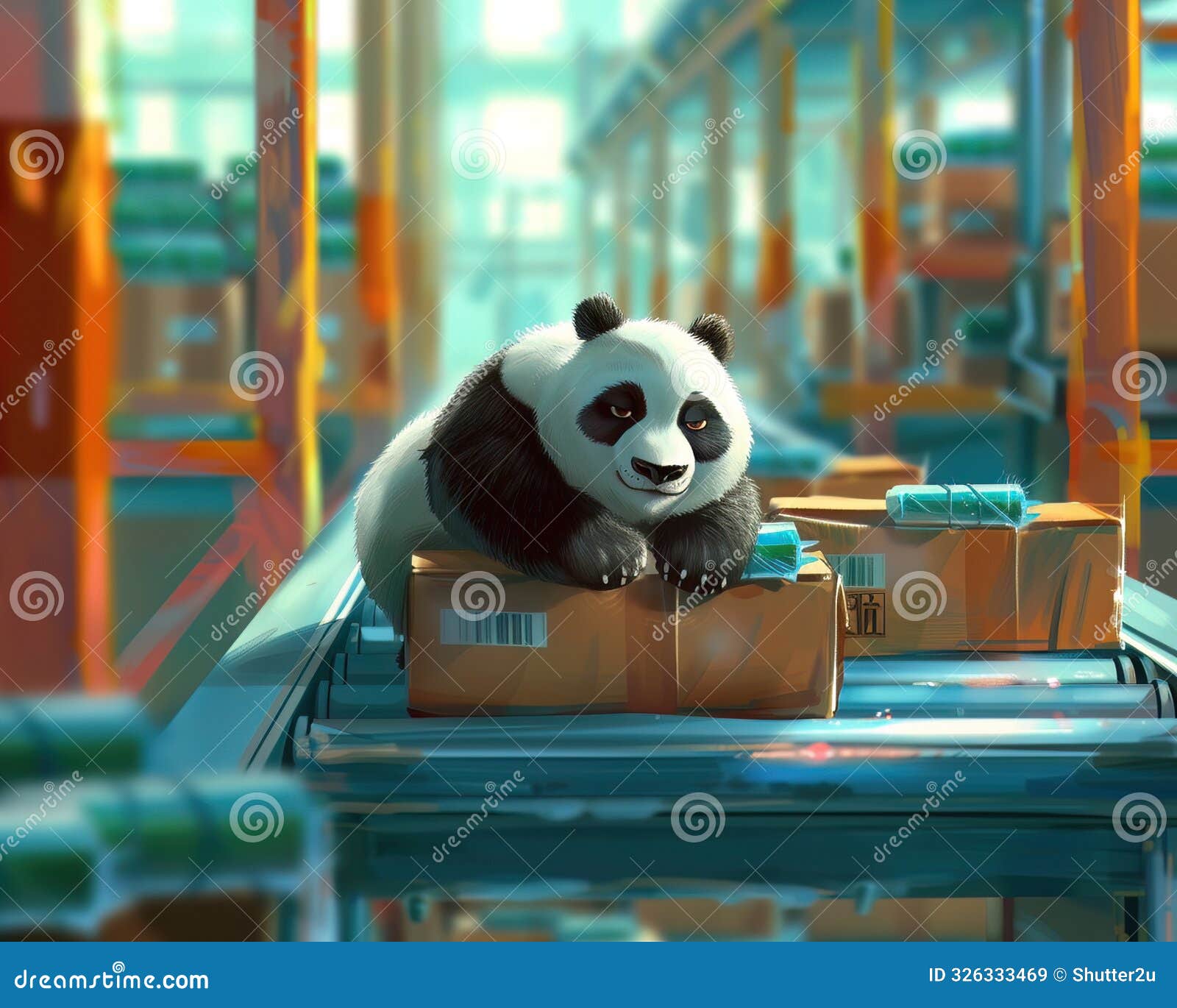 a lethargic panda on a fastmoving conveyor belt in a busy factory comically trying to keep pace with the rapid flow of products