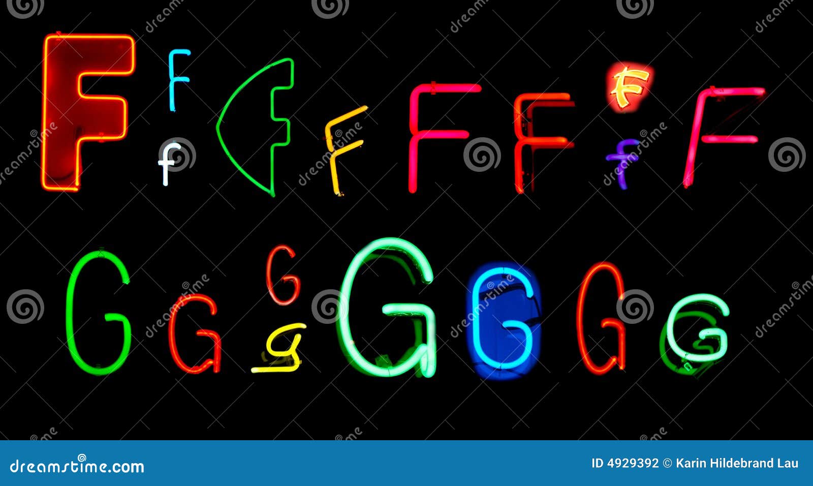 Letras do néon de F G. As letras F e G do néon coletaram dos sinais de néon para elementos do projeto