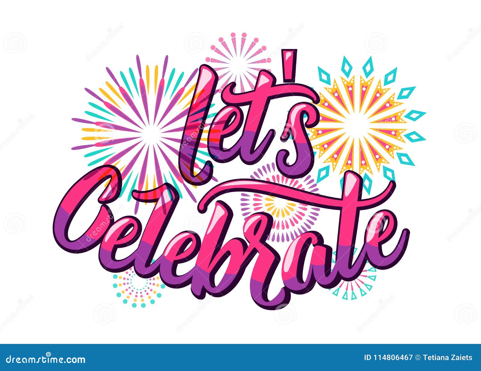 lets celebrate background with color letters and fireworks in flat style