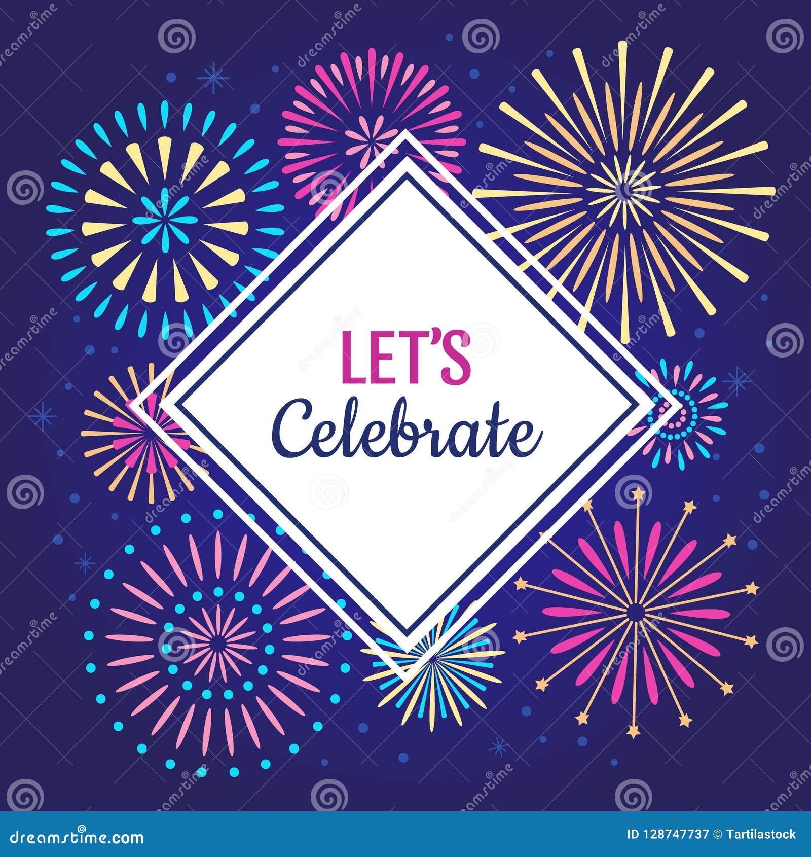 lets celebrate poster. winter holiday celebration fireworks, anniversary party firework or celebrates  background