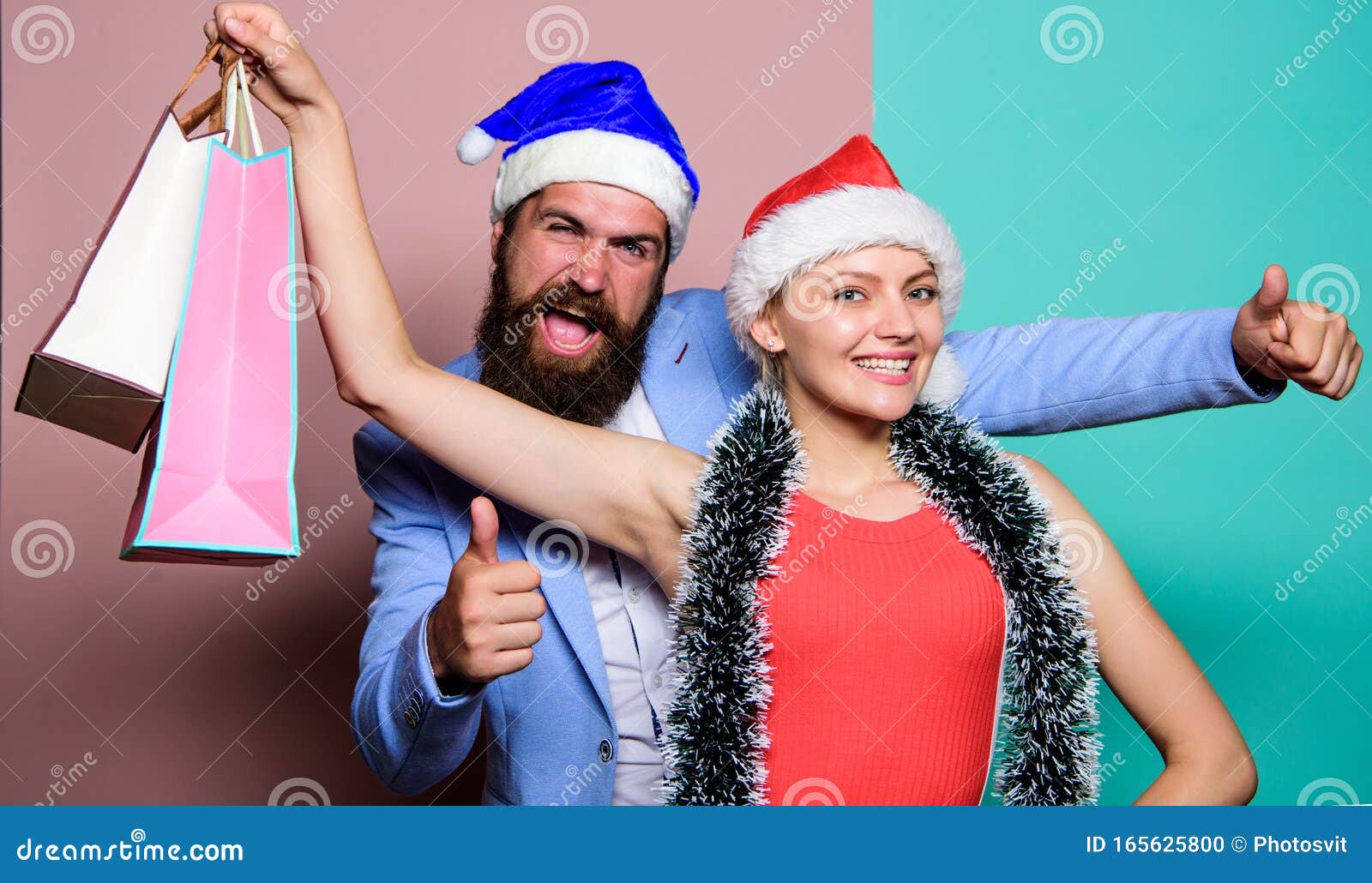 Lets Get Party. Santa Man and Woman with Tinsel. Christmas Shopping ...