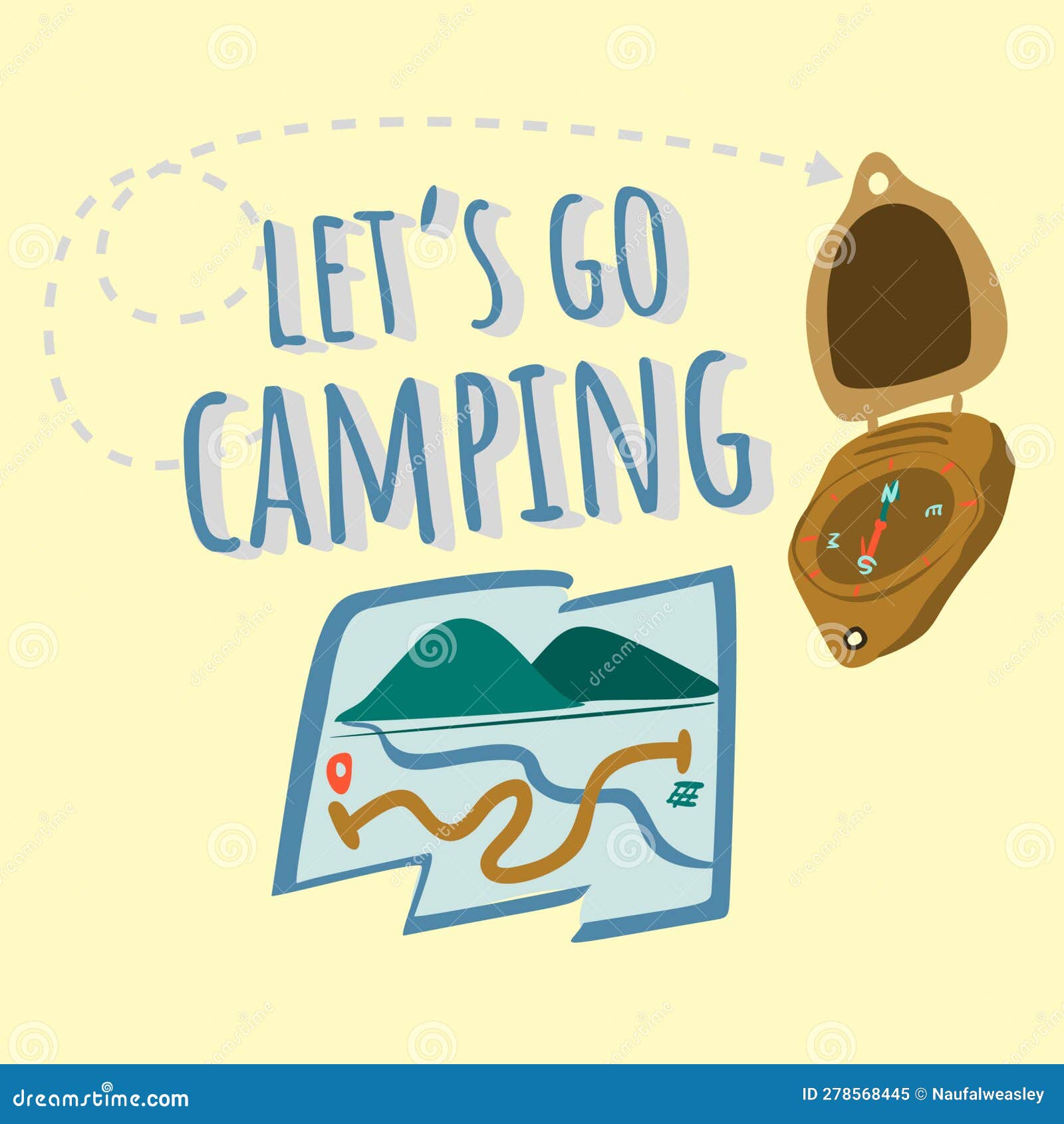 Lets Go Camping Blue Text On Yellow Background Stock Vector