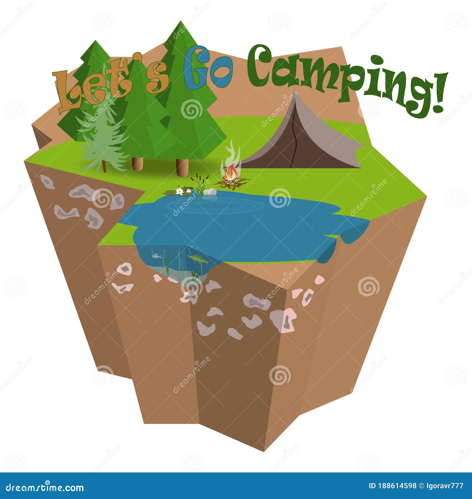 Lets Go Camping And Fishing Vector Illustration 3d Isometric Island