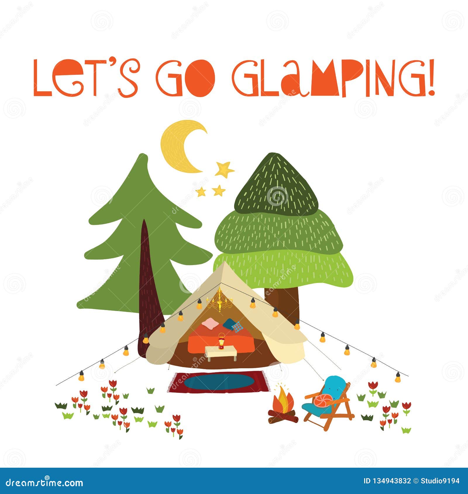 Lets Go Glamping - Summer Camping Scene Vector Illustration. Boho ...