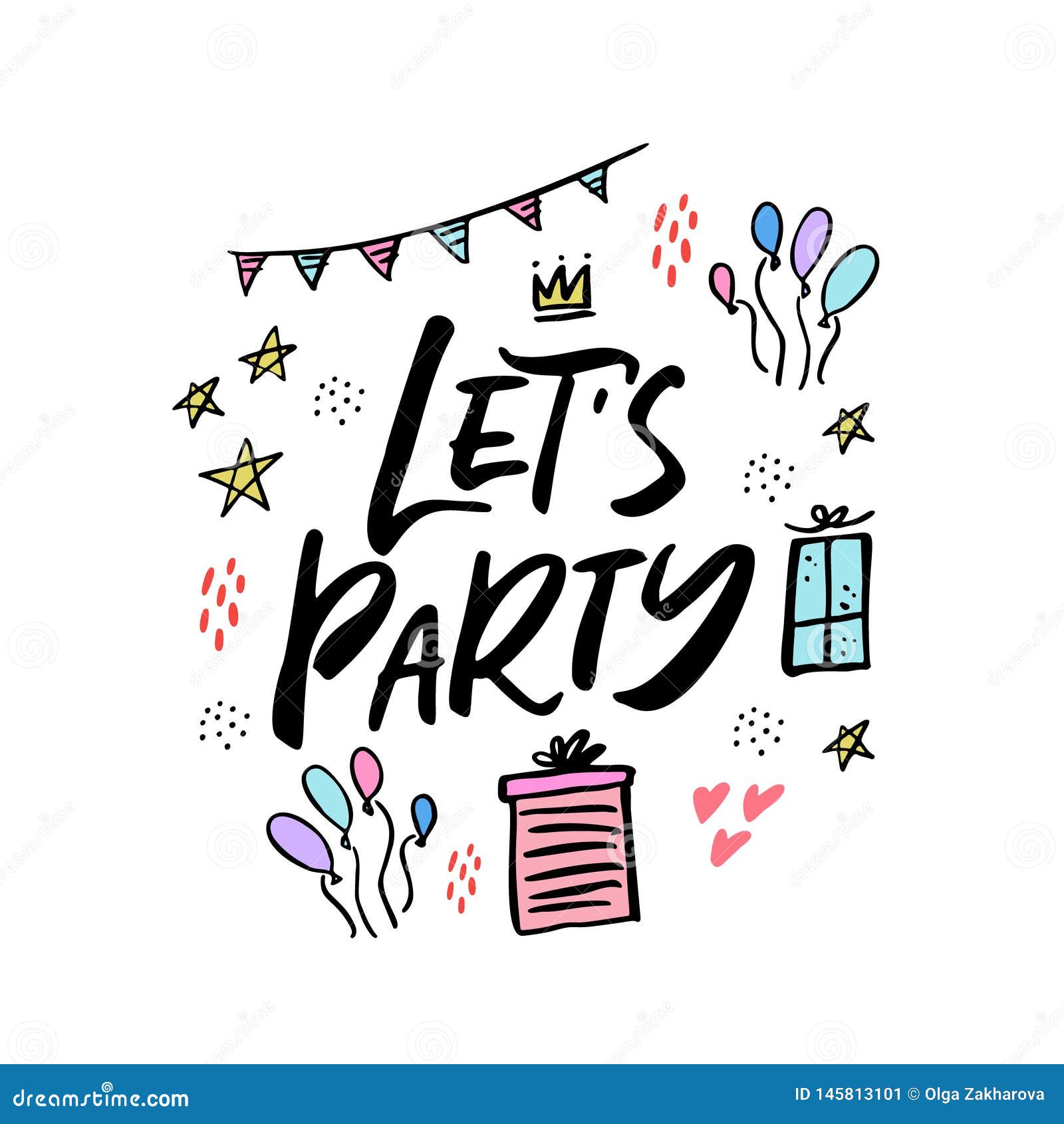 Lets Party Cartoon Hand Drawn Vector Lettering Stock Vector ...