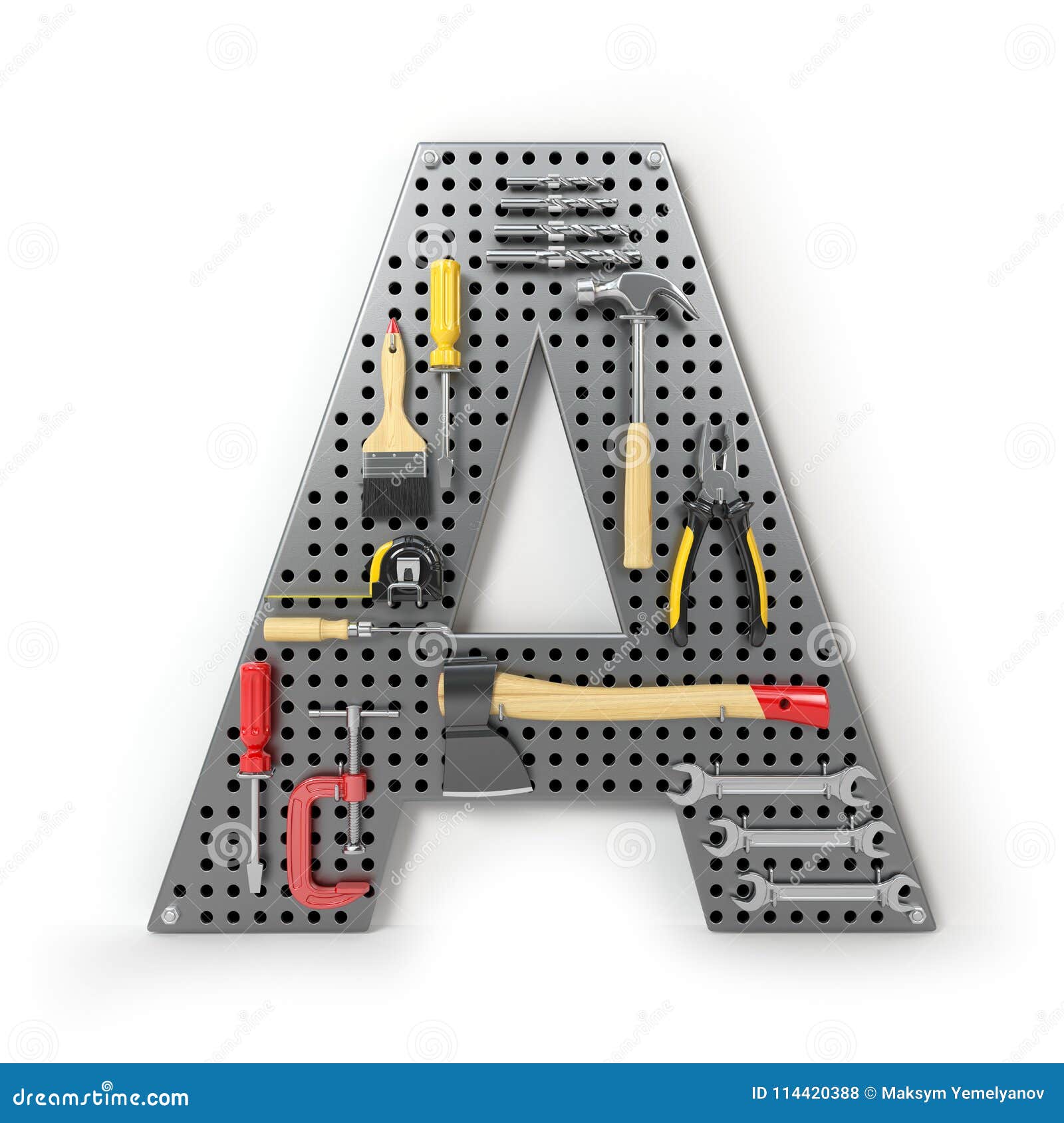 letter a. alphabet from the tools on the metal pegboard 