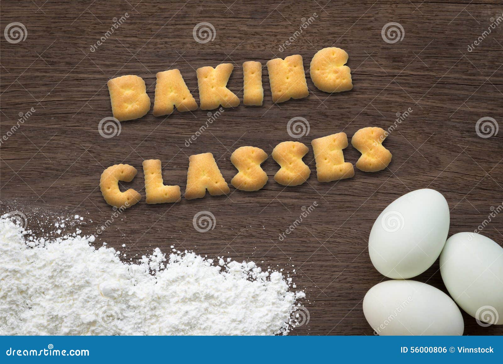 Letter Biscuits Word BAKING CLASSES on Kitchen Table Background Stock
